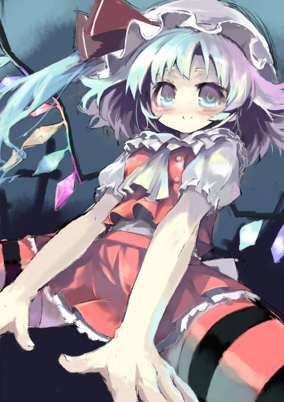 xexu, flandre scarlet, touhou, silver hair, 1girl, ascot, blush, collar, comic, crystal, demon wings, dress, female focus, frills, hat, long hair, mob cap, puffy short sleeves, puffy sleeves, red dress, short hair, short sleeves, silent comic, sitting, solo, spread legs, wings