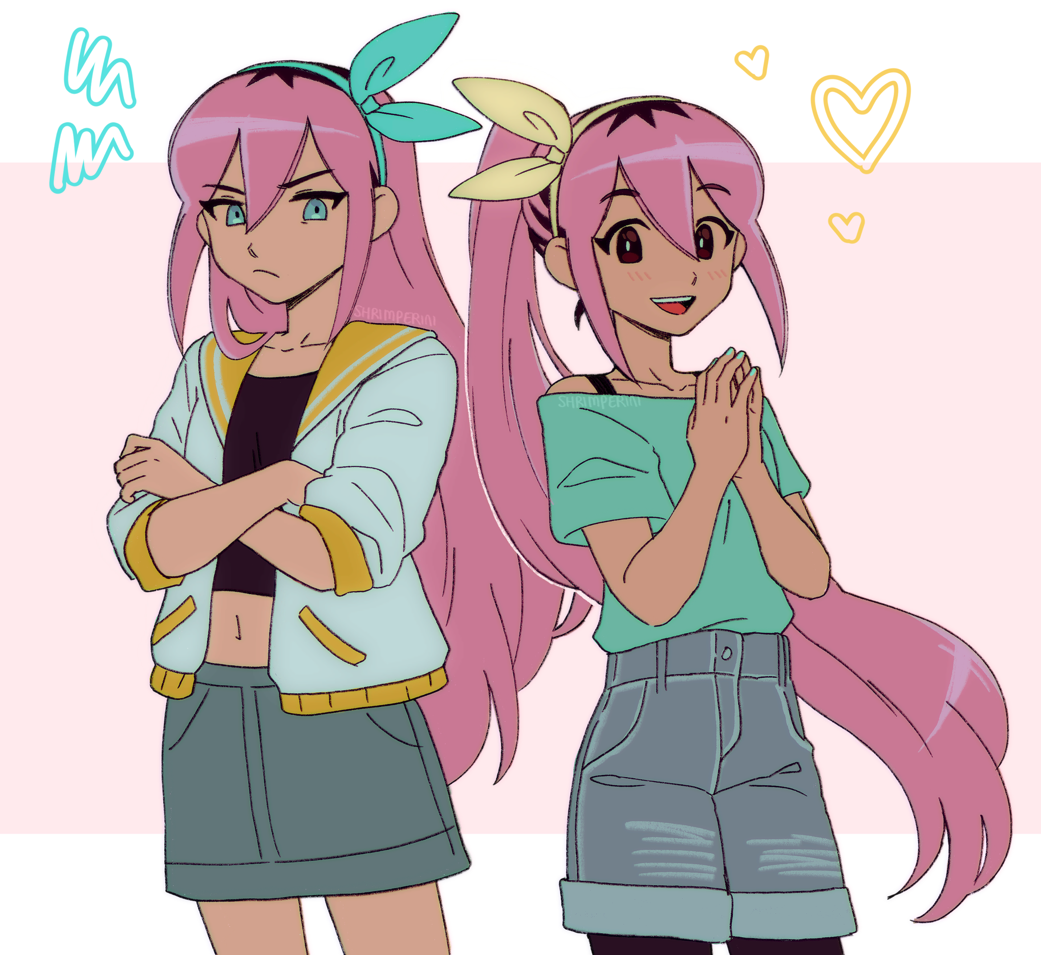 shrimperini, aubrey (faraway) (omori), aubrey (omori), omori, highres, 2girls, :d, alternate universe, aqua eyes, aqua hairband, artist name, back-to-back, bare shoulders, black eyes, black shirt, bow hairband, bright pupils, closed mouth, collarbone, cowboy shot, crossed arms, denim, denim shorts, denim skirt, double-parted bangs, dual persona, emori (shrimperini), frown, green nails, green shirt, grey shorts, grey skirt, hair between eyes, hairband, hands up, heart, high-waist shorts, high ponytail, jacket, letterboxed, long hair, looking at viewer, miniskirt, multicolored hair, multiple girls, nail polish, navel, no sclera, off-shoulder shirt, off shoulder, open clothes, open jacket, open mouth, orange sailor collar, outside border, own hands together, pantyhose, pink hair, ponytail, roots (hair), sailor collar, shirt, short sleeves, shorts, simple background, skirt, smile, standing, teeth, tongue, upper teeth only, very long hair, white jacket, white pupils, yellow hairband