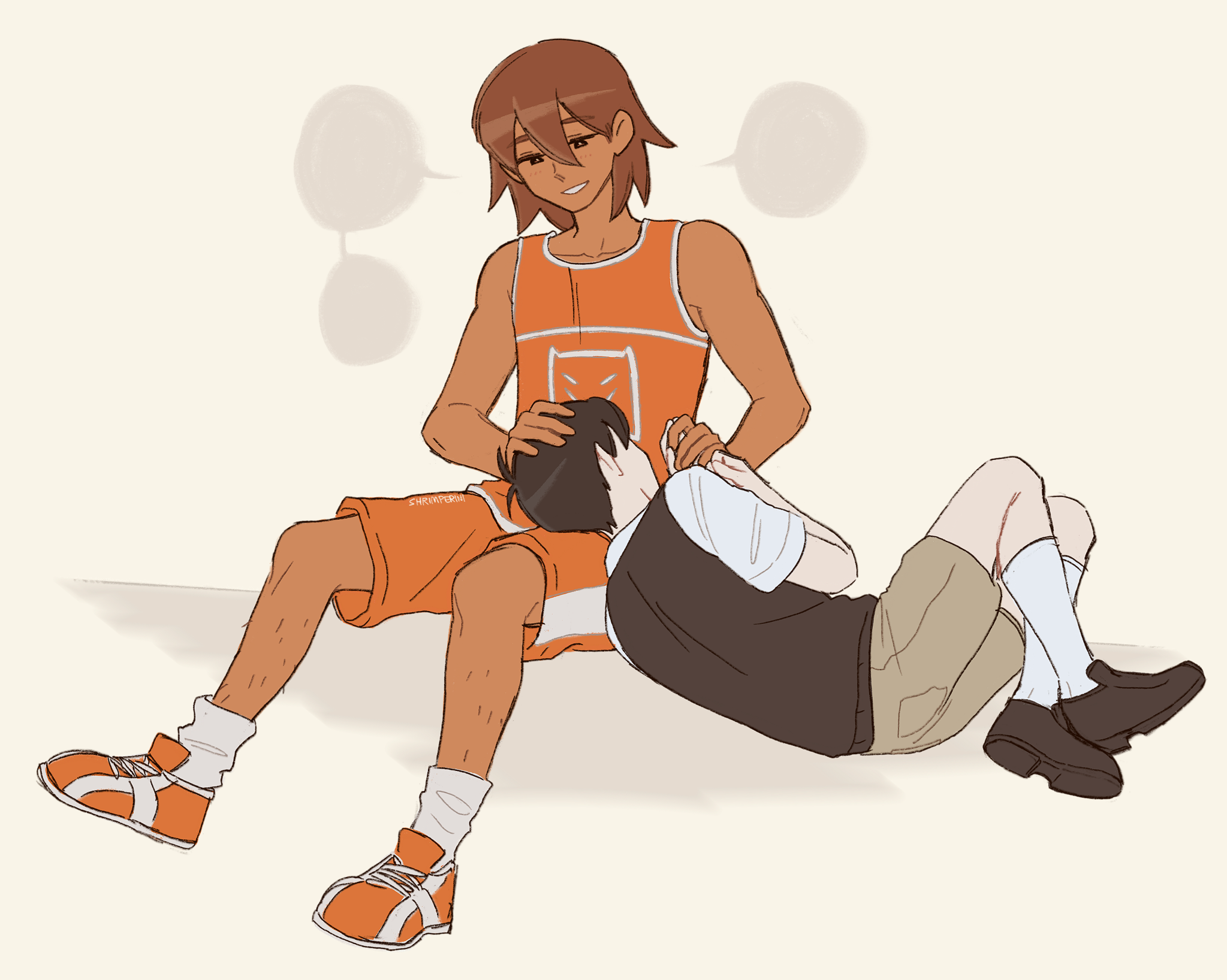 shrimperini, kel (faraway) (omori), kel (omori), sunny (omori), omori, highres, 2boys, antenna hair, black shoes, black sweater vest, blank speech bubble, brown eyes, brown hair, brown shorts, collarbone, collared shirt, double-parted bangs, hair between eyes, lap pillow, loafers, looking at another, male focus, multiple boys, orange shoes, orange shorts, parted lips, shirt, shoes, short hair, short sleeves, shorts, sneakers, socks, speech bubble, sweater vest, white shirt, white socks, yaoi