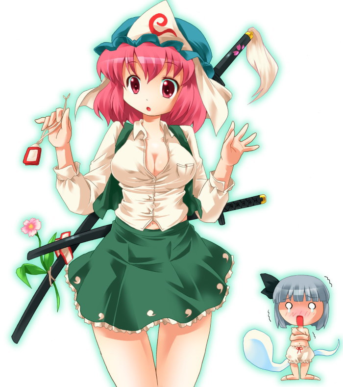 michii yuuki, konpaku youmu, konpaku youmu (ghost), saigyouji yuyuko, touhou, 2girls, bloomers, breasts, cosplay, female focus, flower, gradient background, hat, katana, konpaku youmu (cosplay), multiple girls, plant, sheath, sheathed, skirt, sword, underwear, weapon, white background, white bloomers