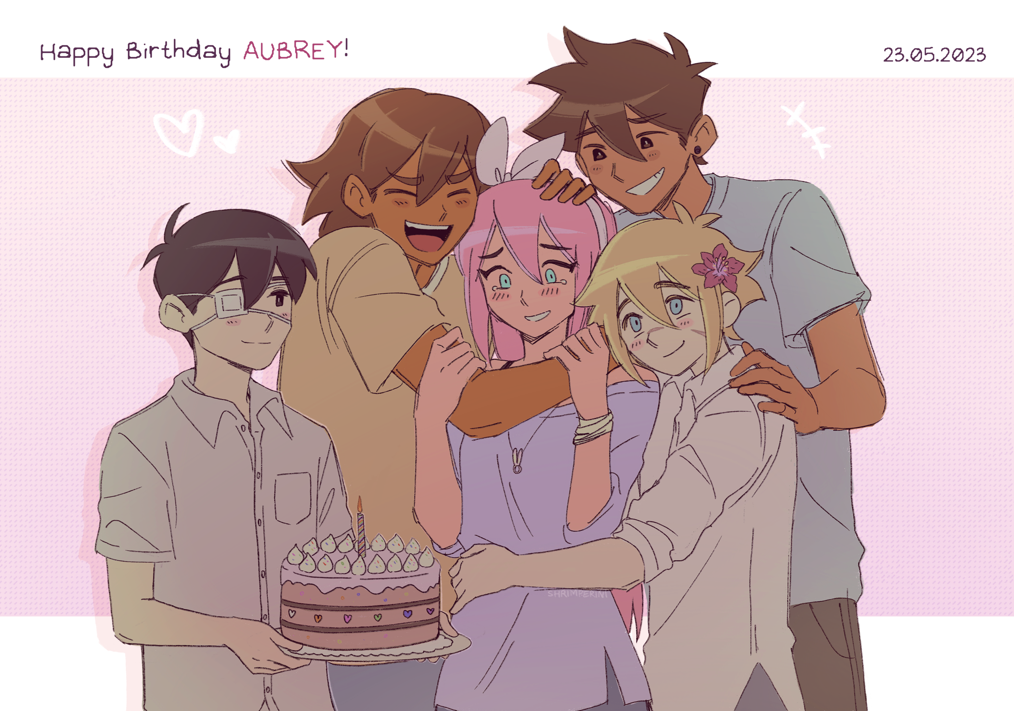 shrimperini, aubrey (faraway) (omori), aubrey (omori), basil (faraway) (omori), basil (omori), hero (faraway) (omori), hero (omori), kel (faraway) (omori), kel (omori), sunny (omori), omori, highres, spoilers, +++, 1girl, 4boys, alternate costume, antenna hair, birthday cake, black eyes, black hair, blonde hair, blue eyes, blush, breast pocket, bright pupils, brown eyes, brown hair, brown shirt, cake, character name, closed mouth, collared shirt, dark-skinned male, dark skin, dated, double-parted bangs, ear piercing, eyepatch, facial scar, flower, food, hair flower, hair ornament, hairband, hand on another's head, happy birthday, holding, holding plate, hug, jewelry, long hair, looking at another, multiple boys, necklace, parted lips, piercing, pink hair, plate, pocket, purple shirt, scar, scar on cheek, scar on face, shirt, short hair, short sleeves, smile, white hairband, white pupils, white shirt