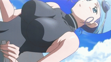 utsumi koayu, tokimeki memorial, tokimeki memorial only love, breast hold, animated, animated gif, anime screenshot, lowres, 00s, 1girl, blue eyes, blush, bouncing breasts, breasts, cloud, female focus, large breasts, one-piece swimsuit, skin tight, solo, swim cap, swimsuit