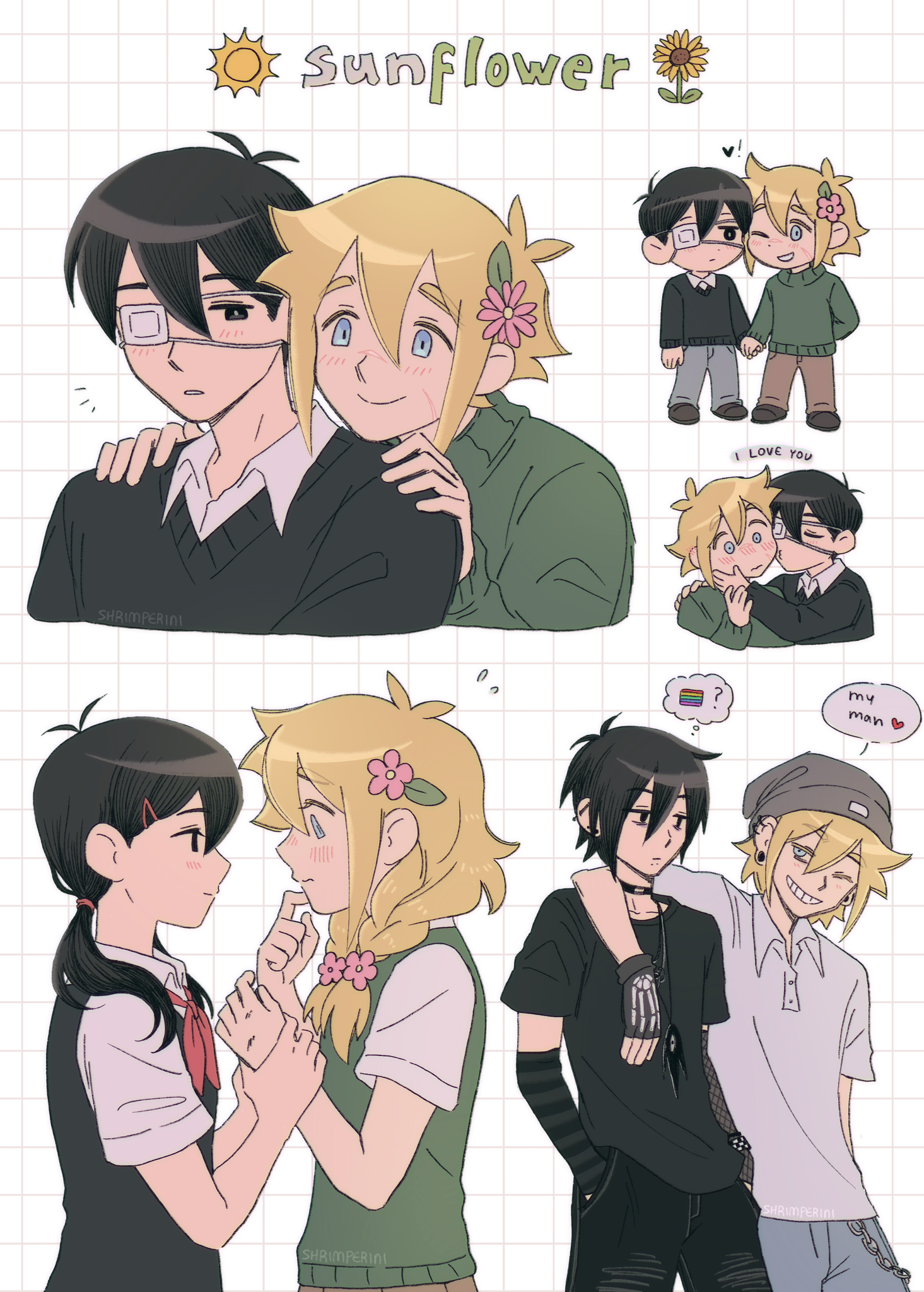 shrimperini, basil (faraway) (omori), basil (omori), sunny (omori), omori, highres, spoilers, 2boys, 2girls, alternate costume, antenna hair, arm around neck, black choker, black eyes, black hair, black pants, black shirt, black sweater vest, blonde hair, blue eyes, braid, chibi, choker, closed mouth, collared shirt, denim, emori (shrimperini), eyepatch, flower, genderswap, genderswap (mtf), green sweater vest, grin, hair flower, hair ornament, hairclip, hands on another's shoulders, holding hands, jeans, kiss, kissing cheek, looking at another, low twin braids, low twintails, medium hair, meme, multiple boys, multiple girls, neckerchief, one eye closed, pants, parted lips, pride flag question mark (meme), rainbow flag, red neckerchief, ship name, shirt, short hair, short sleeves, smile, sweater vest, t-shirt, teeth, twin braids, twintails, white shirt, yaoi, yuri