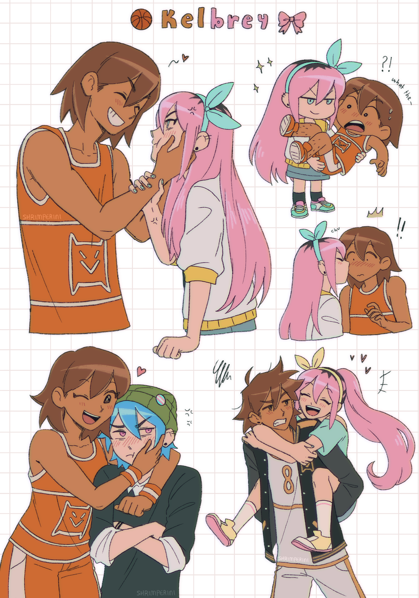 shrimperini, aubrey (faraway) (omori), aubrey (omori), kel (faraway) (omori), kel (omori), omori, highres, !, !!, !?, +++, 2boys, 2girls, :t, ;d, ^ ^, alternate universe, anger vein, aqua eyes, aqua hairband, aqua nails, aqua shirt, arm around neck, ball, bare arms, bare shoulders, basketball (object), basketball uniform, beanie, black eyes, black hair, black jacket, black mouth, black shirt, blue hair, blush, bow, bow hairband, bracelet, brown hair, carrying, chibi, chibi inset, clenched hand, closed eyes, closed mouth, collarbone, cowboy shot, cropped torso, crossed arms, dark-skinned female, dark-skinned male, dark skin, double-parted bangs, ear piercing, earrings, emori (shrimperini), face-to-face, facing another, full body, genderswap, genderswap (ftm), genderswap (mtf), green hat, grid background, grin, hair behind ear, hair between eyes, hairband, hand on another's arm, hand on own cheek, hand on own face, hands on another's cheeks, hands on another's face, hat, heart, hetero, high ponytail, interracial, jacket, jewelry, kiss, kissing cheek, kneehighs, leg hair, letterman jacket, long hair, looking at another, looking to the side, multicolored hair, multiple boys, multiple girls, multiple views, nail polish, no sclera, one eye closed, open clothes, open jacket, open mouth, orange pants, orange shoes, orange tank top, pants, piercing, piggyback, pink bow, pink eyes, pink hair, ponytail, reverse princess carry, roots (hair), ship name, shirt, shoes, short hair, short sleeves, simple background, single vertical stripe, smile, socks, sparkle, sportswear, squiggle, surprise kiss, surprised, sweat, tank top, teeth, three-quarter sleeves, tongue, transgender flag, tsundere, two-tone hair, upper teeth only, v-shaped eyebrows, white background, white pants, white shirt, white socks, wide-eyed, yellow shoes
