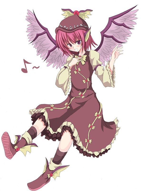 korican, mystia lorelei, touhou, 1girl, animal ears, blush, dress, female focus, hand on own chest, hat, music, musical note, pink hair, quaver, red eyes, short hair, simple background, singing, smile, solo, white background, wide sleeves, wings