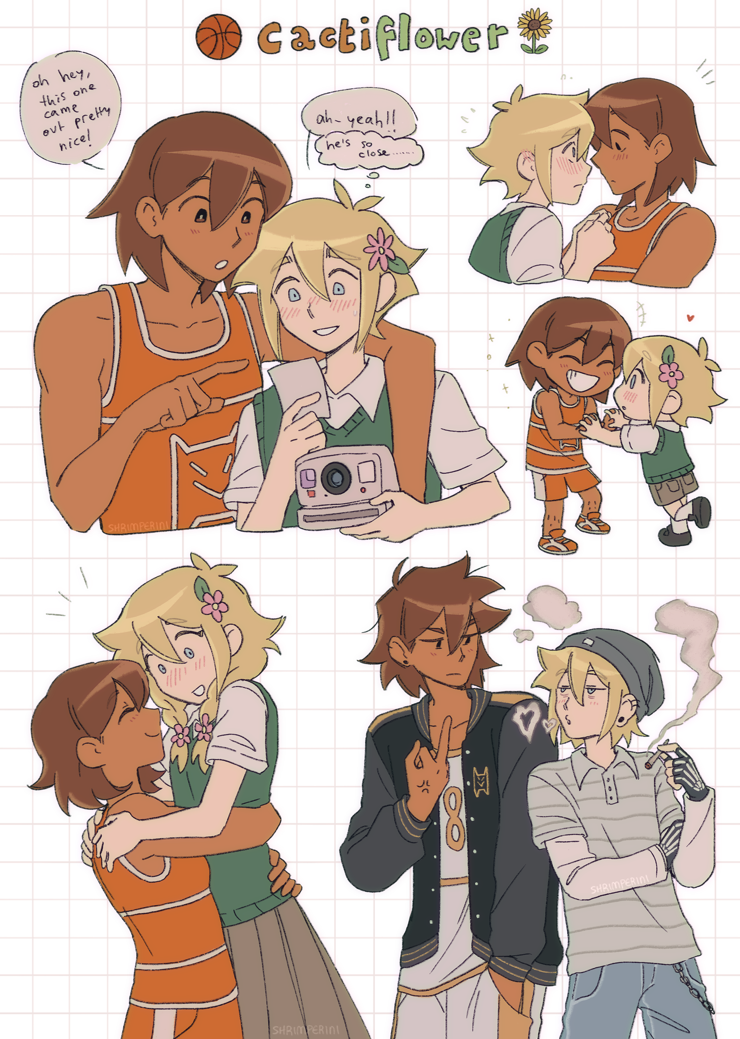 shrimperini, basil (faraway) (omori), basil (omori), kel (faraway) (omori), kel (omori), omori, highres, 2boys, 2girls, anger vein, antenna hair, black jacket, blonde hair, blue eyes, braid, breasts, bright pupils, brown eyes, brown hair, brown shorts, camera, chibi, closed mouth, collarbone, collared shirt, dark-skinned female, dark-skinned male, dark skin, double-parted bangs, ear piercing, emori (shrimperini), english text, fingerless gloves, flower, genderswap, genderswap (mtf), gloves, green sweater vest, grin, hair between eyes, hair flower, hair ornament, holding, holding camera, holding hands, holding photo, jacket, long sleeves, looking at another, low twin braids, middle finger, multiple boys, multiple girls, open mouth, orange shorts, parted lips, photo (object), piercing, pleated skirt, pointing, shirt, short hair, short sleeves, shorts, sidelocks, skirt, small breasts, smile, speech bubble, sweater vest, teeth, thought bubble, twin braids, white pupils, white shirt, yaoi, yuri