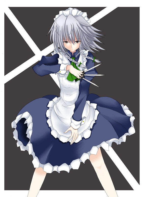 korican, izayoi sakuya, touhou, silver hair, 1girl, braid, female focus, short hair, solo, twin braids