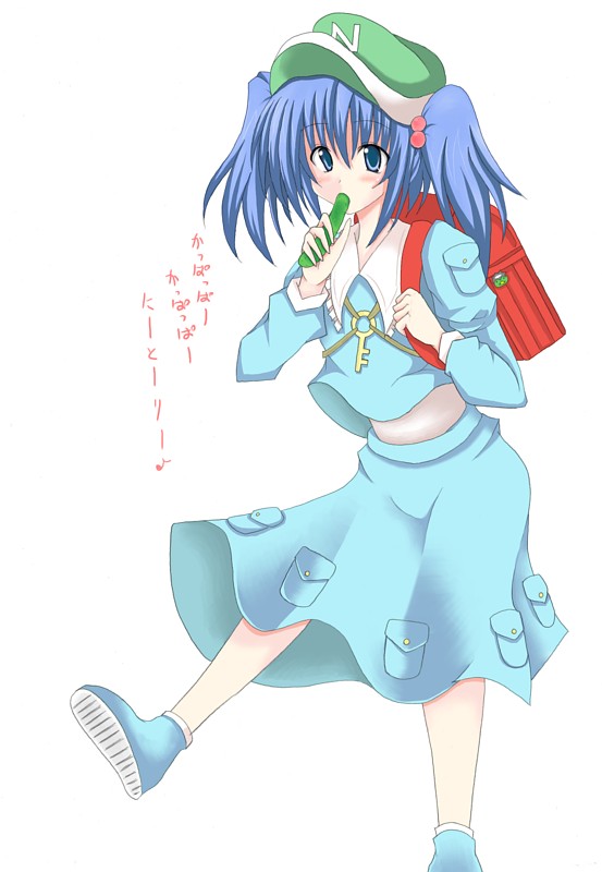 korican, kawashiro nitori, touhou, 1girl, backpack, bag, blue dress, blue eyes, blue hair, blush, dress, female focus, flat cap, hair bobbles, hair ornament, hat, long sleeves, looking at viewer, matching hair/eyes, pocket, simple background, solo, text focus, two side up, white background