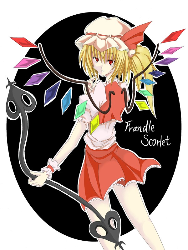 korican, flandre scarlet, touhou, 1girl, bare legs, blonde hair, character name, collar, crystal, demon wings, dress, female focus, frills, from behind, hat, holding, holding weapon, looking at viewer, mob cap, red dress, red eyes, short hair, side ponytail, solo, stick, weapon, wings