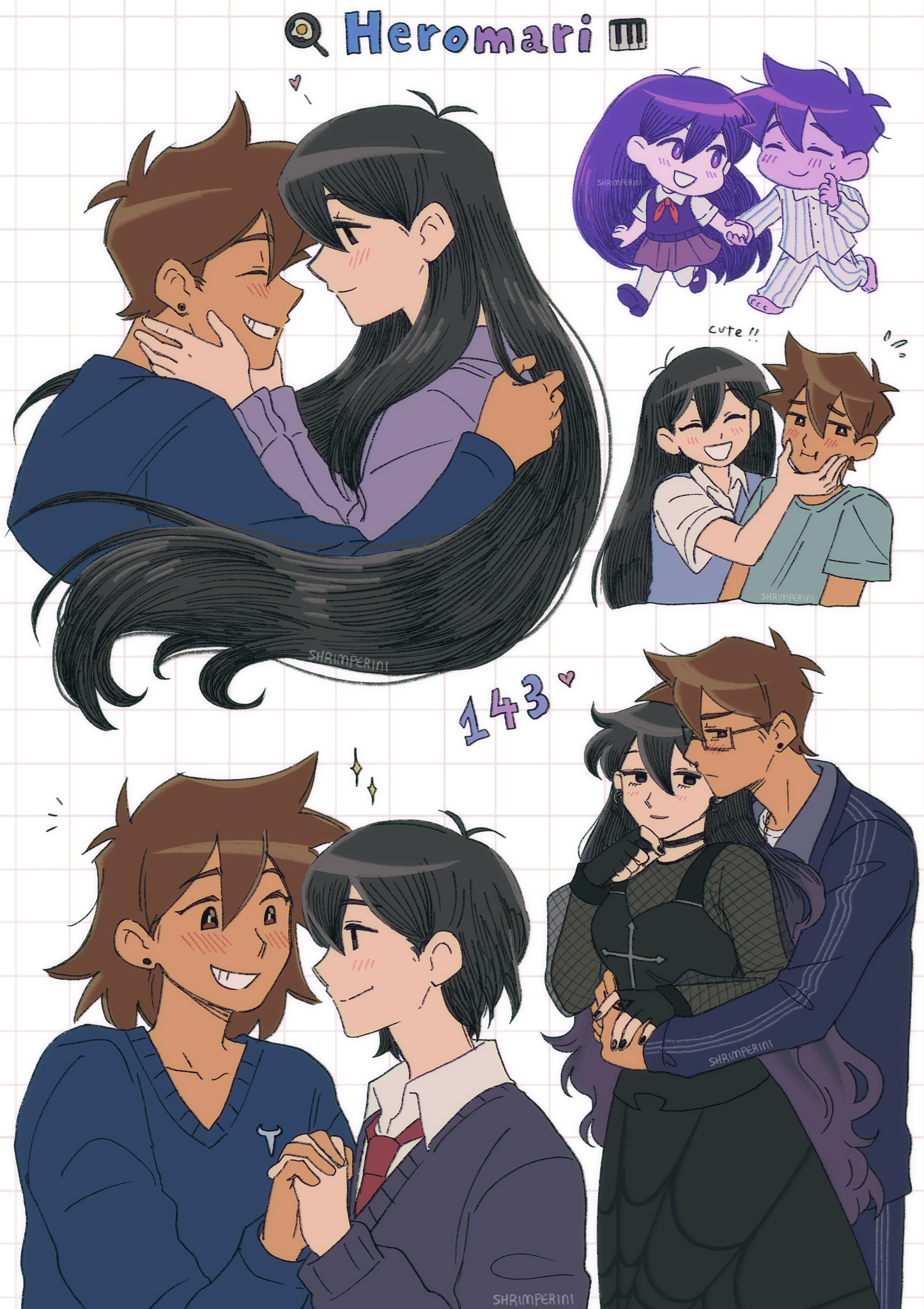 shrimperini, hero (faraway) (omori), hero (headspace) (omori), hero (omori), mari (faraway) (omori), mari (headspace) (omori), mari (omori), omori, highres, 3boys, 3girls, alternate costume, alternate skin color, alternate universe, antenna hair, barefoot, bespectacled, black-framed eyewear, black gloves, black nails, blue jacket, blue sweater, blush, breasts, bright pupils, brown eyes, brown hair, chibi, closed eyes, closed mouth, collared shirt, colored skin, dark-skinned male, dark skin, dual persona, ear piercing, emori (shrimperini), fingerless gloves, flying sweatdrops, genderswap, genderswap (ftm), genderswap (mtf), glasses, gloves, gradient hair, grin, holding hands, jacket, long hair, long sleeves, looking at another, medium breasts, medium hair, multicolored hair, multiple boys, multiple girls, neckerchief, necktie, open mouth, pajamas, piercing, pleated skirt, purple hair, purple shoes, purple skin, purple sweater vest, rectangular eyewear, red neckerchief, red necktie, red skirt, shirt, shoes, short hair, skirt, smile, striped clothes, striped pajamas, sweatdrop, sweater, sweater vest, teeth, vertical-striped clothes, vertical-striped pajamas, white pupils, white shirt