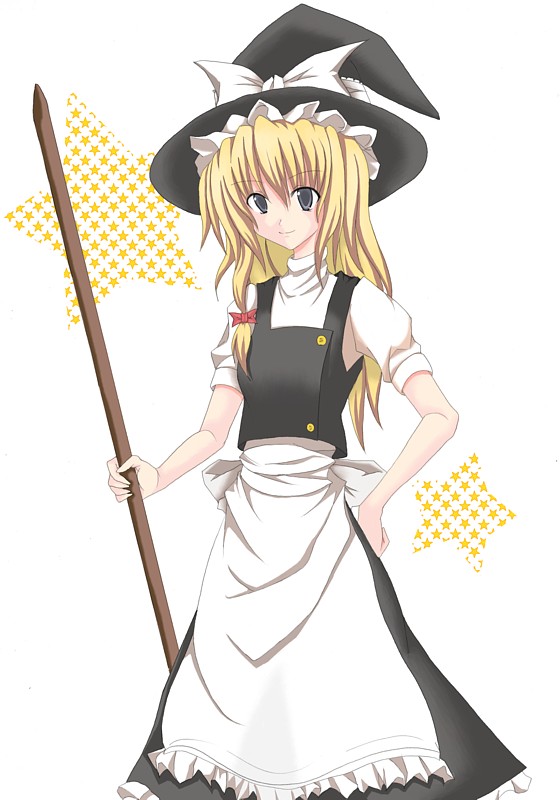 korican, kirisame marisa, touhou, eyebrows, 1girl, apron, black hat, black skirt, black vest, blonde hair, blue eyes, bow, broom, buttons, closed mouth, female focus, frilled apron, frills, hair bow, hat, hat bow, hat ribbon, holding, holding broom, long hair, ribbon, shirt, skirt, solo, star (symbol), vest, waist apron, white apron, white background, white bow, white ribbon, white shirt, witch hat
