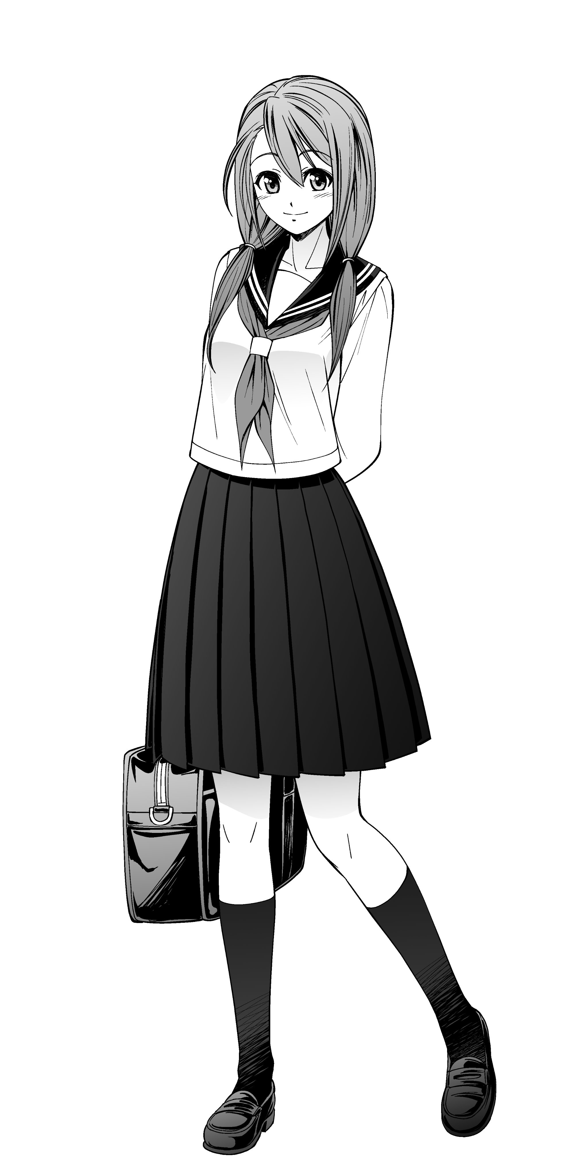 eibon, tennouji nae, tennouji nae (robotics;notes), robotics;notes, science adventure, absurdres, highres, 1girl, arms behind back, bag, blush, breasts, closed mouth, full body, greyscale, hair between eyes, holding, holding bag, kneehighs, loafers, long hair, long sleeves, looking at viewer, monochrome, neckerchief, pleated skirt, sailor collar, school bag, school uniform, serafuku, shirt, shoes, short sleeves, simple background, skirt, small breasts, smile, socks, solo, standing, white background