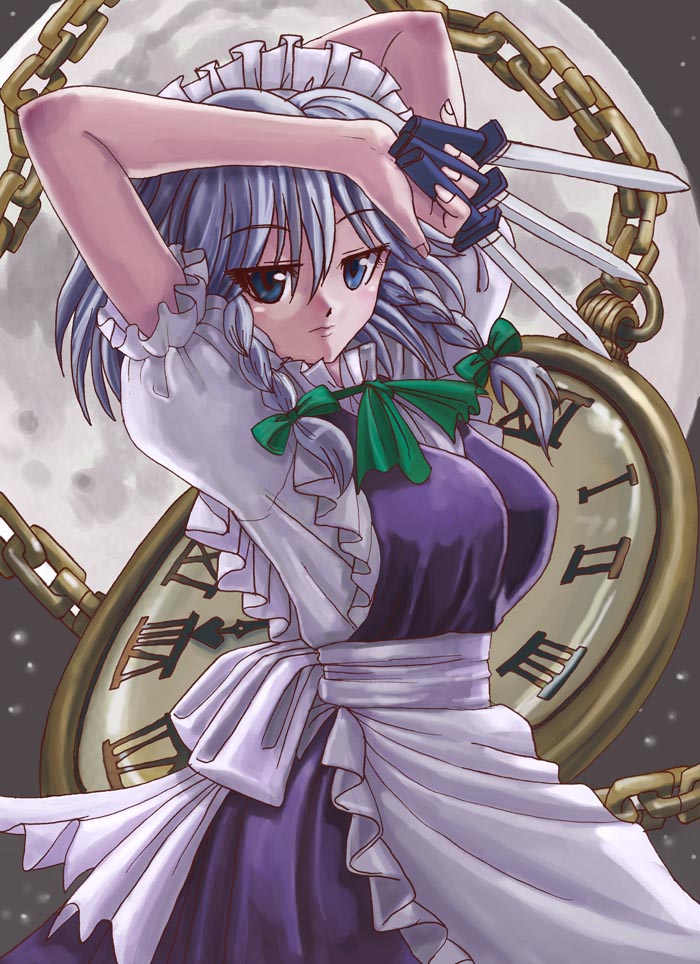 hamoto, izayoi sakuya, touhou, 1girl, apron, between fingers, blue eyes, blue hair, braid, breasts, clock, dagger, female focus, frills, hairband, holding, knife, large breasts, maid, maid apron, matching hair/eyes, moon, pocket watch, solo, throwing knife, twin braids, watch, weapon