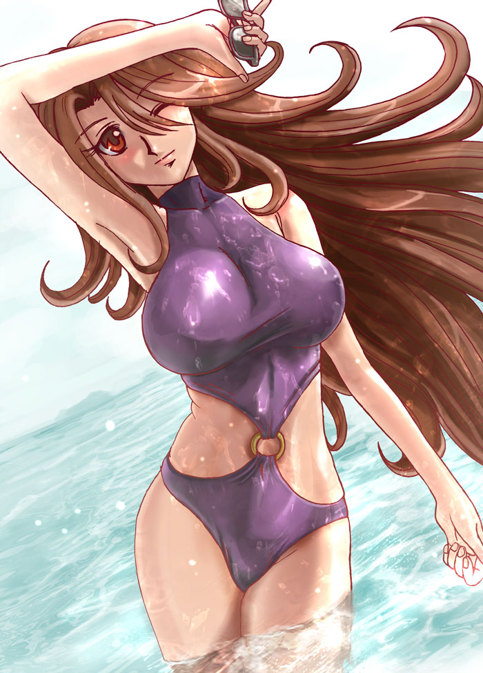 hamoto, sumeragi lee noriega, gundam, gundam 00, 00s, 1girl, armpits, blush, breasts, brown hair, dutch angle, female focus, holding, holding removed eyewear, large breasts, long hair, ocean, one-piece swimsuit, one eye closed, red eyes, shading eyes, solo, sunglasses, swimsuit, unworn eyewear, wading, water, wet, wink