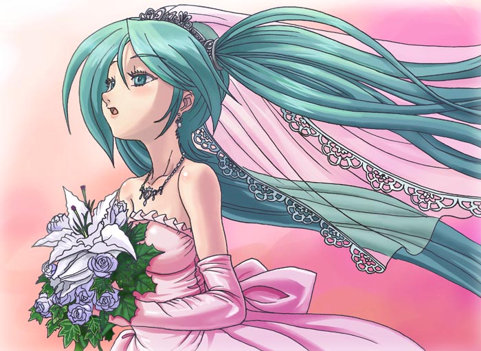 hamoto, hatsune miku, vocaloid, 1girl, aqua eyes, aqua hair, bride, dress, female focus, solo, twintails, wedding dress