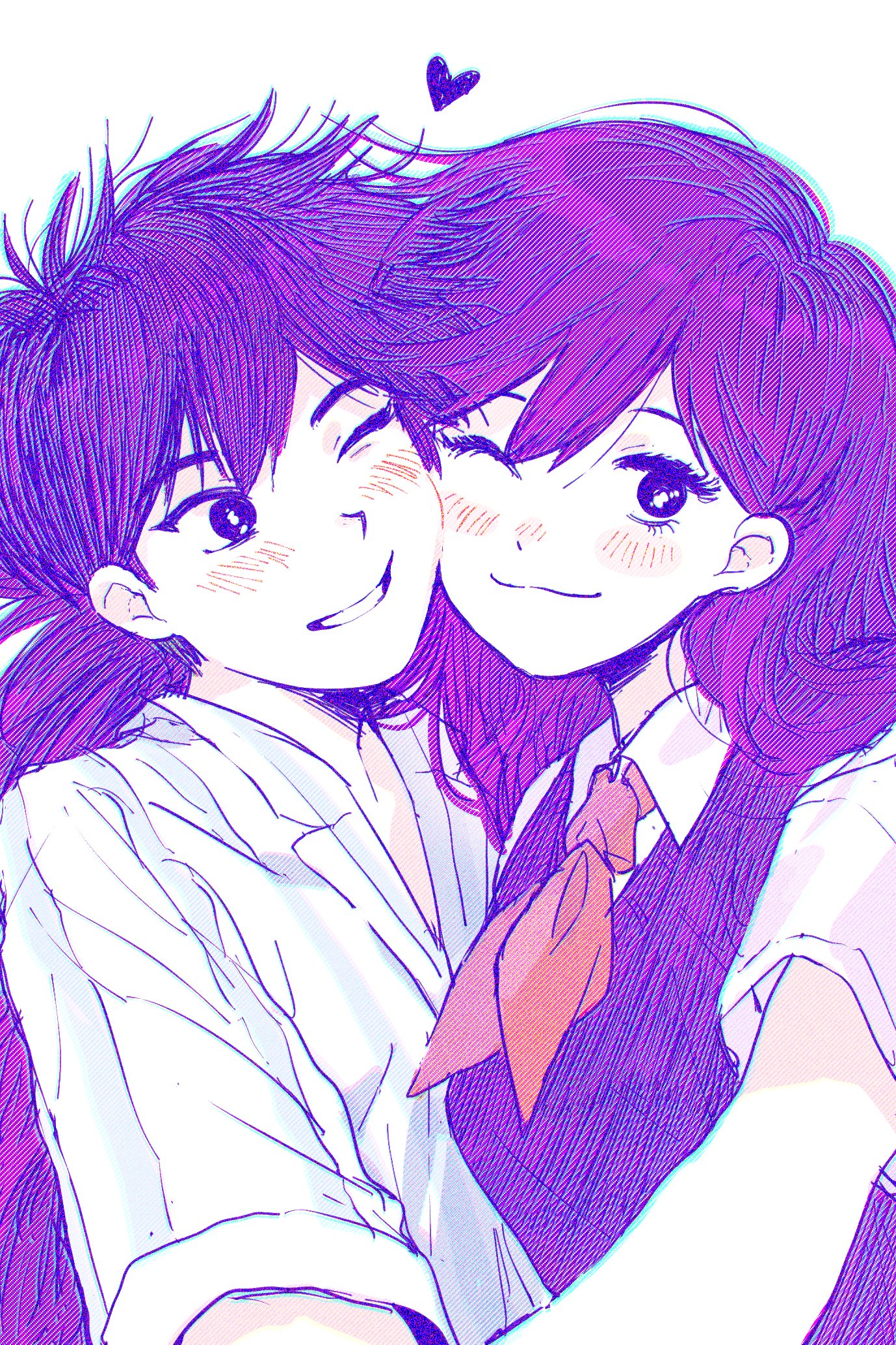 bu3hgg, hero (headspace) (omori), hero (omori), mari (headspace) (omori), mari (omori), omori, highres, 1boy, 1girl, :3, antenna hair, blush, bright pupils, cheek press, closed mouth, collared shirt, colored skin, double-parted bangs, grin, heart, long hair, long sleeves, looking at another, looking at viewer, neckerchief, pajamas, parted lips, purple eyes, purple hair, purple sweater vest, red neckerchief, shirt, short hair, short sleeves, simple background, smile, striped clothes, striped pajamas, sweater vest, teeth, vertical-striped clothes, vertical-striped pajamas, white background, white pupils, white shirt, white skin