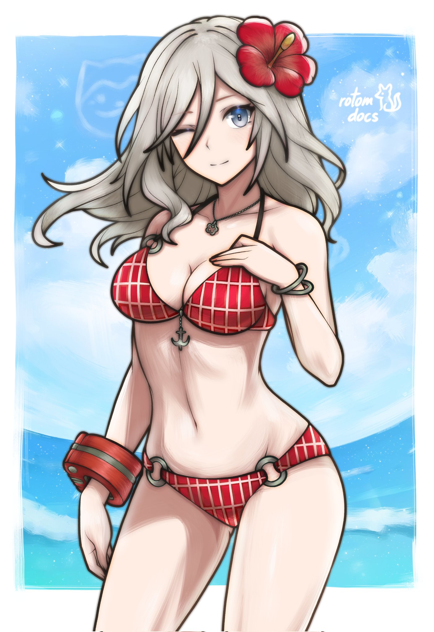 rotomdocs, alisa ilinichina amiella, sommie (fire emblem), fire emblem, fire emblem engage, god eater, god eater burst, nintendo, commentary, highres, 1girl, ;), bare shoulders, bikini, blue eyes, bracelet, breasts, cleavage, cowboy shot, flower, grey hair, hair flower, hair ornament, hand on own chest, jewelry, long hair, looking at viewer, medium breasts, multiple bracelets, navel, necklace, o-ring, o-ring bikini, o-ring bottom, one eye closed, red bikini, red flower, smile, solo, stomach, swimsuit, twitter username