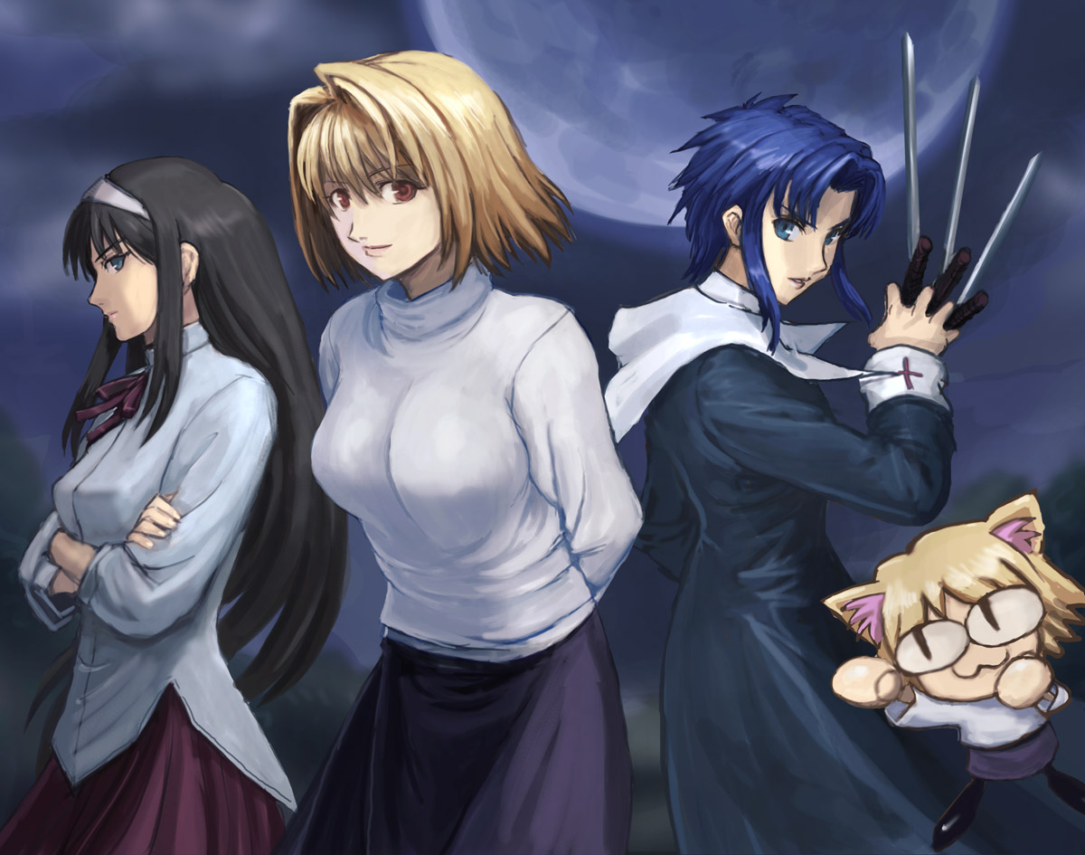 hamoto, arcueid brunestud, ciel (tsukihime), neco-arc, tohno akiha, tsukihime, bad id, bad pixiv id, 00s, 4girls, animal, between fingers, black keys (type-moon), blonde hair, breasts, cat, cowboy shot, crossed arms, dagger, glasses, holding, holding weapon, knife, large breasts, long sleeves, looking at viewer, multiple girls, purple skirt, red eyes, rimless eyewear, short hair, skirt, sweater, weapon