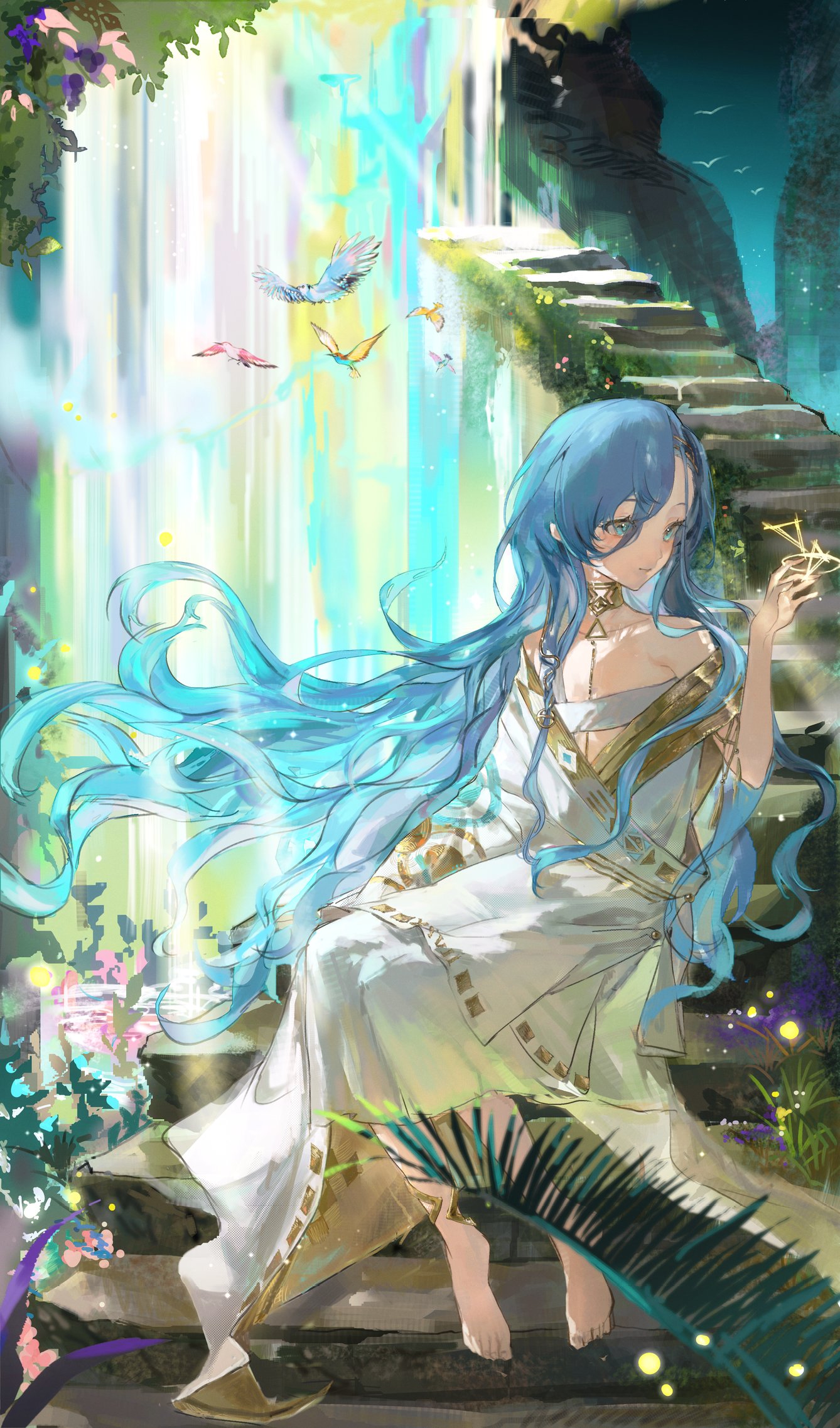 37 (reverse:1999), reverse:1999, highres, 1girl, ancient greek clothes, anklet, armlet, bare shoulders, barefoot, bird, blue eyes, blue hair, floating hair, full body, gold choker, greco-roman clothes, hair between eyes, hand up, janejane, jewelry, long hair, looking to the side, plant, sitting, sitting on stairs, solo, stairs, stone stairs, toga, turning head, very long hair, water, waterfall