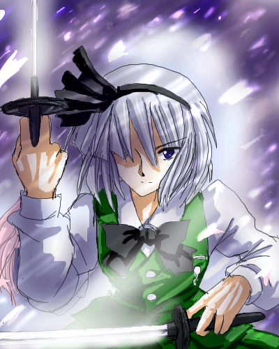 konpaku youmu, konpaku youmu (ghost), touhou, lowres, 1girl, female focus, hitodama, katana, solo, sword, weapon