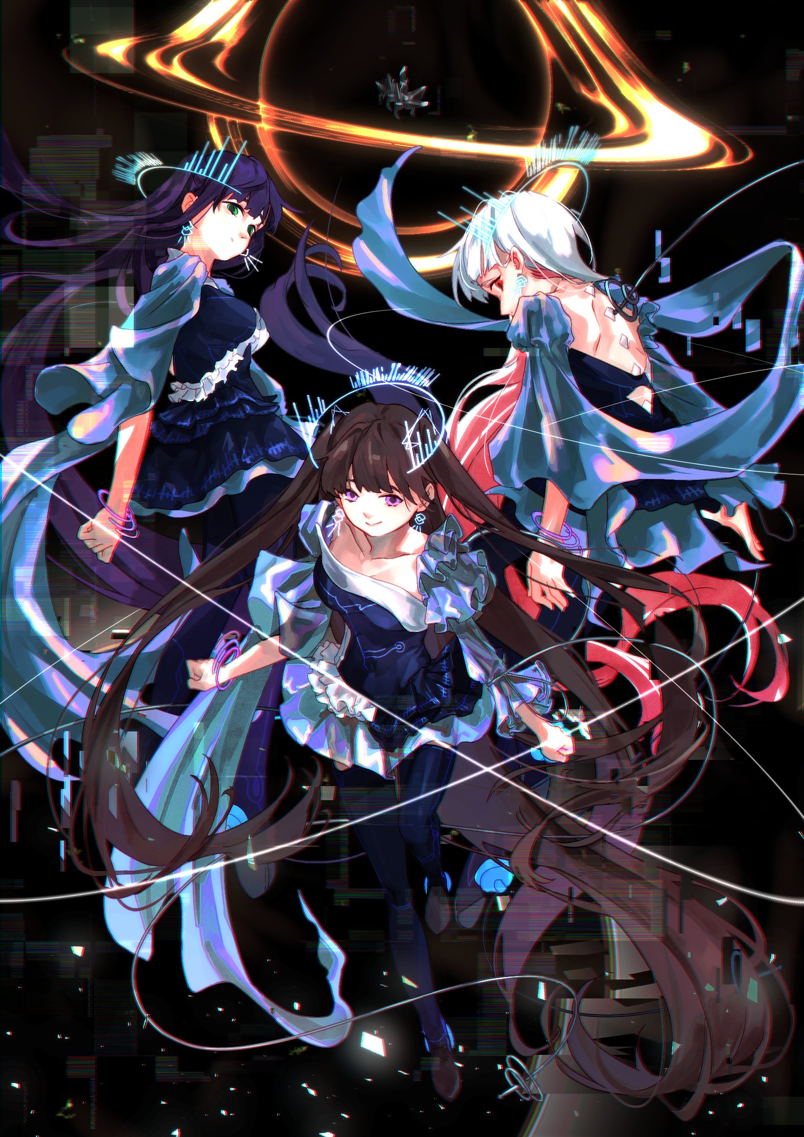 dms, fujishima megumi, otomune kozue, yugiri tsuzuri, link! like! love live!, love live!, highres, 3girls, absurdly long hair, bare back, brown hair, colored inner hair, dark background, dress, floating hair, flower, frilled dress, frills, glitch, green eyes, hair flower, hair ornament, halo, hasu no daisankaku, long hair, multicolored hair, multiple girls, oracle etude (love live!), pantyhose, purple eyes, purple hair, red eyes, red hair, very long hair, white dress, white hair