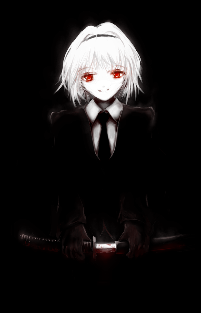archlich, konpaku youmu, original, touhou, bad deviantart id, bad id, 1girl, albino, dark, female focus, formal clothes, katana, necktie, pant suit, pants, red eyes, smile, solo, suit, sword, weapon, white hair