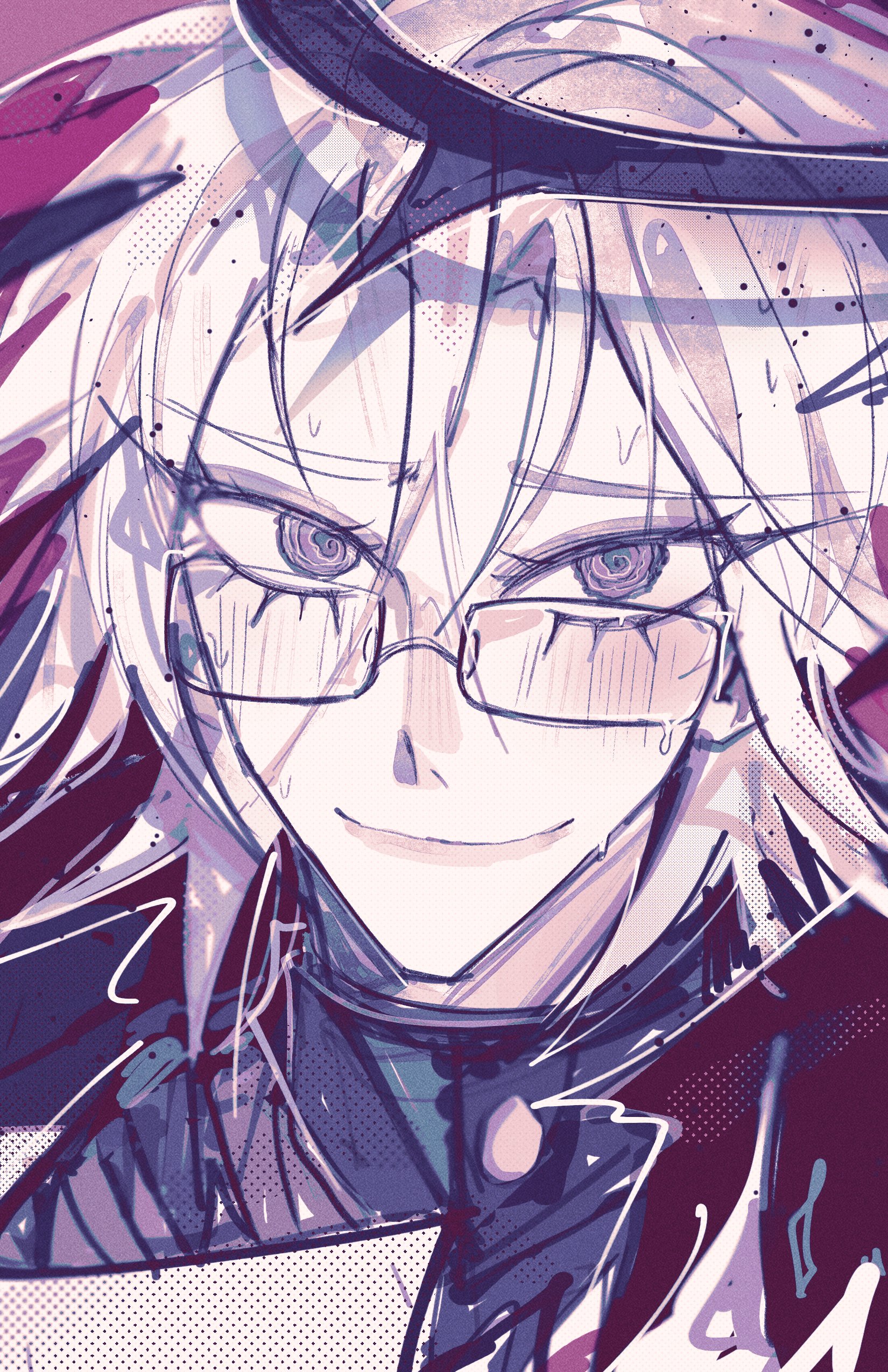 aotsuki eito, the hundred line -last defense academy-, absurdres, commentary, english commentary, highres, unfinished, 1boy, @ @, black halo, black jacket, colored skin, gakuran, glasses, grey hair, halo, jacket, last defense academy school uniform, looking at viewer, male focus, portrait, purple eyes, red background, school uniform, short hair, sketch, smile, solo, sweat, takueitaku, white skin