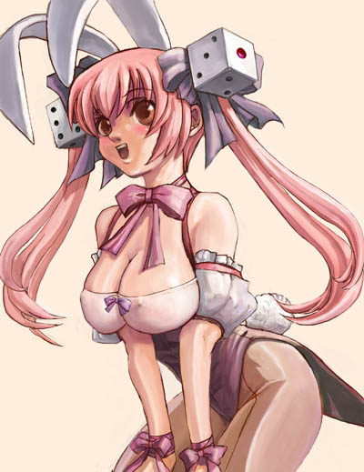 hamoto, usada hikaru, di gi charat, animal ears, blush, bow, breasts, cleavage, covered erect nipples, dice, fake animal ears, hair bow, large breasts, leaning forward, leotard, long hair, pantyhose, pink eyes, pink hair, playboy bunny, rabbit ears, rabbit tail, solo, tail, twintails
