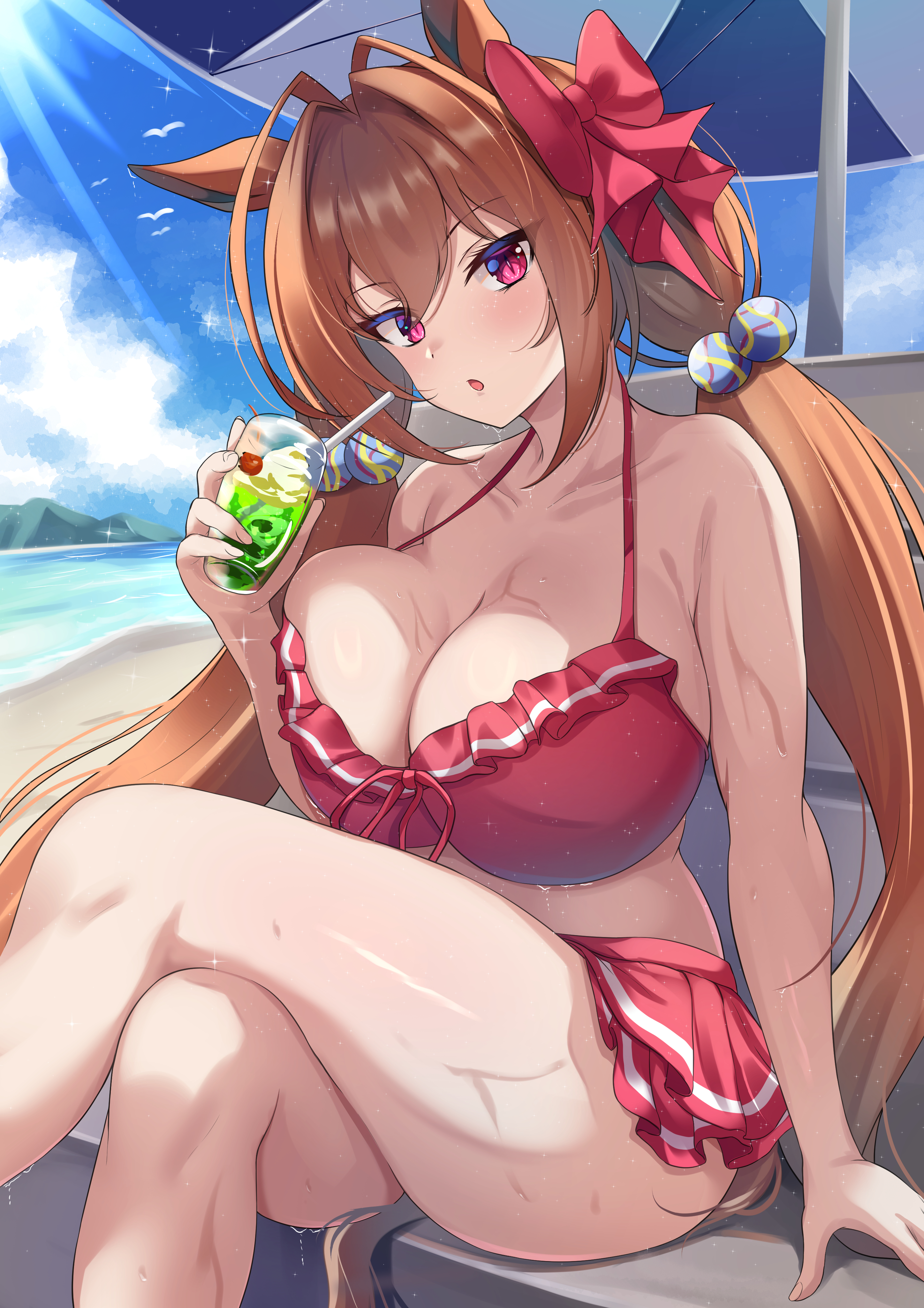 maimuu, daiwa scarlet (trifle vacation) (umamusume), daiwa scarlet (umamusume), umamusume, absurdres, commentary request, highres, 1girl, animal ears, antenna hair, bikini, bikini skirt, blue sky, bow, breasts, brown hair, cleavage, cloud, cloudy sky, collarbone, crossed legs, cup, day, frilled bikini, frills, front-tie top, hair between eyes, hair bobbles, hair bow, hair intakes, hair ornament, halterneck, holding, holding cup, horse ears, horse girl, horse tail, large breasts, long hair, looking at viewer, low twintails, official alternate costume, official alternate hairstyle, open mouth, red bikini, red bow, red eyes, sitting, sky, solo, swimsuit, tail, thighs, twintails, under umbrella, very long hair