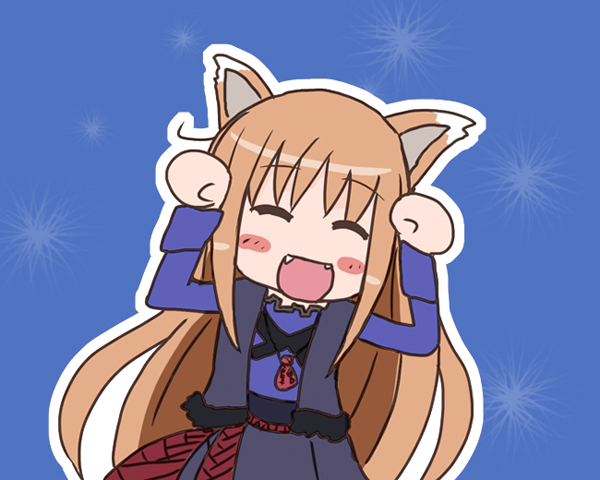 kurasaki shin'ya, holo, spice and wolf, bad id, bad pixiv id, 00s, animal ears, caramelldansen, chibi, fangs, solo, wolf ears