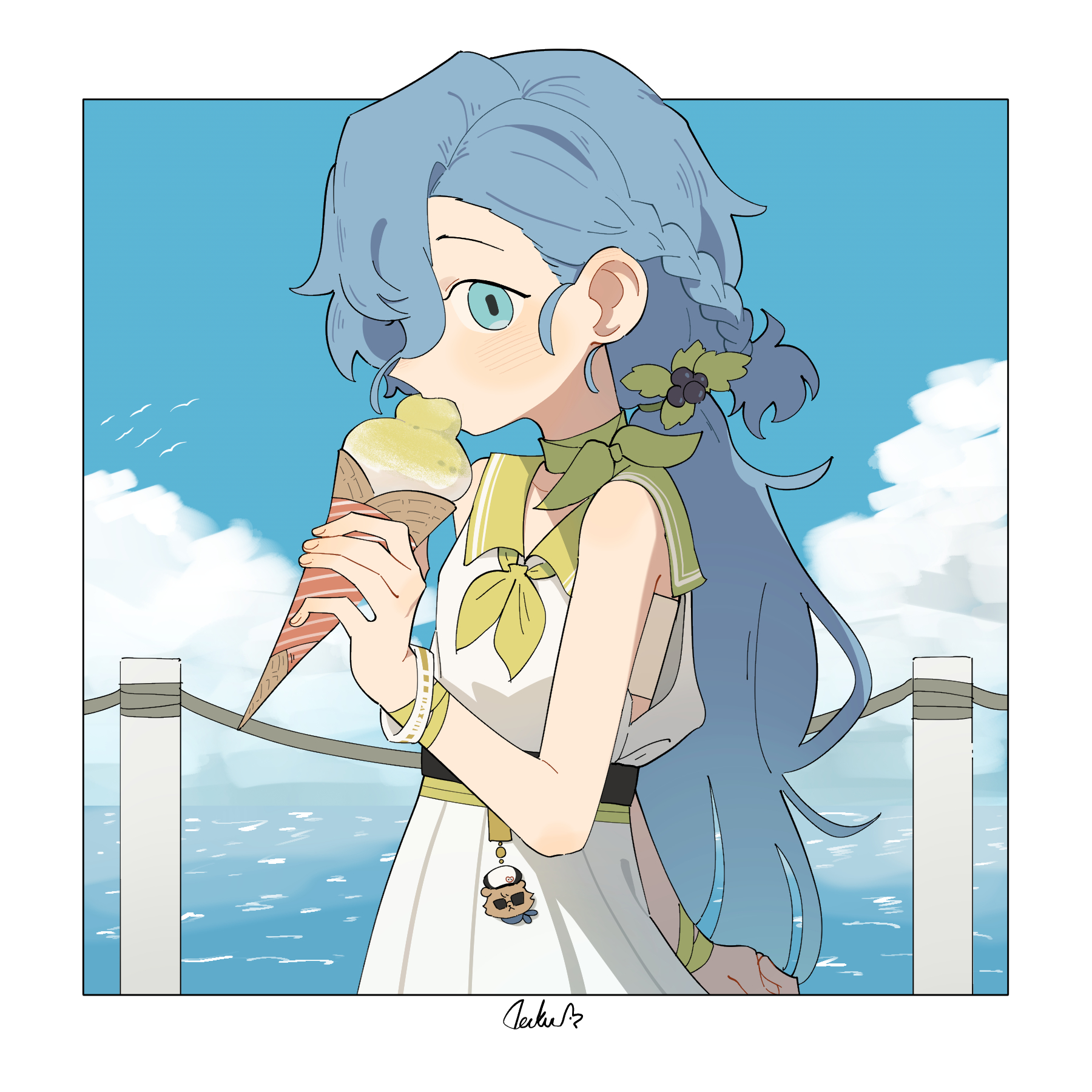 daku k, 37 (reverse:1999), reverse:1999, highres, 1girl, alternate costume, blue eyes, blue sky, border, bracelet, charm (object), cloud, day, dress, eating, food, food-themed hair ornament, food in mouth, from side, grape hair ornament, green sailor collar, hair ornament, hand up, holding, holding food, holding ice cream, ice cream, jewelry, long hair, looking at viewer, low ponytail, ocean, outdoors, outside border, ponytail, profile, railing, sailor collar, sailor dress, sky, sleeveless, sleeveless dress, solo, upper body, very long hair, white border