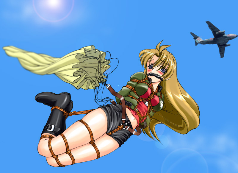 spark utamaro, madlax (character), madlax, 00s, 1girl, aircraft, airplane, arms behind back, bdsm, bit gag, blonde hair, blue eyes, blush, bondage, boots, bound, crotch rope, falling, female focus, gag, gagged, hogtie, jacket, long hair, midriff, outdoors, parachute, photo background, predicament bondage, rope, shibari, skirt, solo