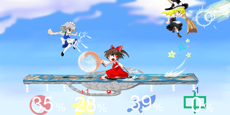hakurei reimu, izayoi sakuya, kirisame marisa, nintendo, super smash bros., touhou, 3girls, apron, blonde hair, female focus, maid, maid apron, maid headdress, multiple girls, oekaki, parody
