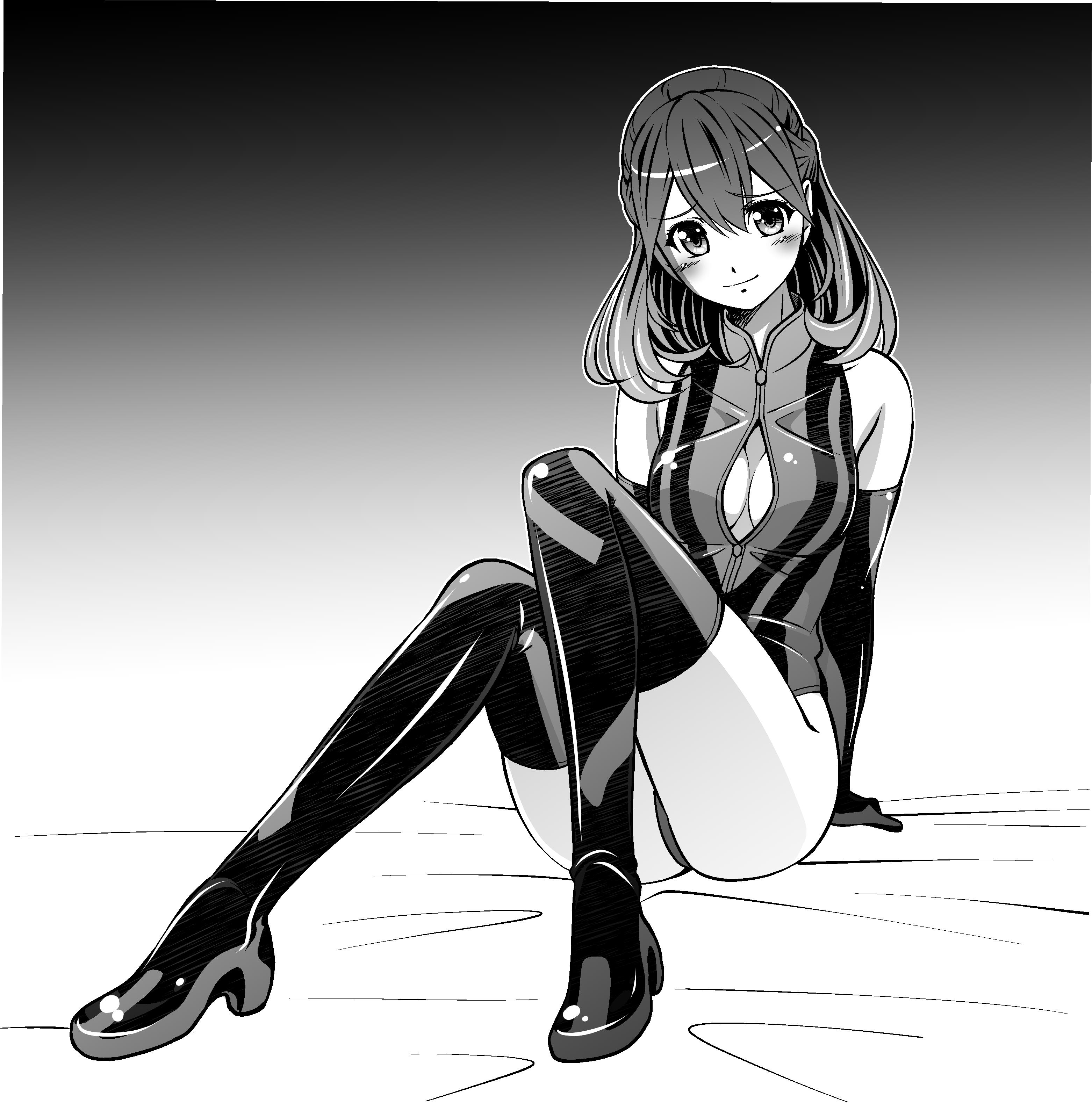 eibon, senomiya akiho, robotics;notes, robotics;notes dash, science adventure, absurdres, highres, 1girl, bare shoulders, black boots, blush, bodysuit, boots, breasts, cleavage, cleavage cutout, closed mouth, clothing cutout, elbow gloves, embarrassed, full body, gloves, greyscale, head tilt, high collar, high heel boots, high heels, knees together feet apart, latex, latex thighhighs, long hair, looking at viewer, medium breasts, monochrome, on bed, sitting, sleeveless, smile, solo, thigh boots, thighhighs, thighs, wide hips