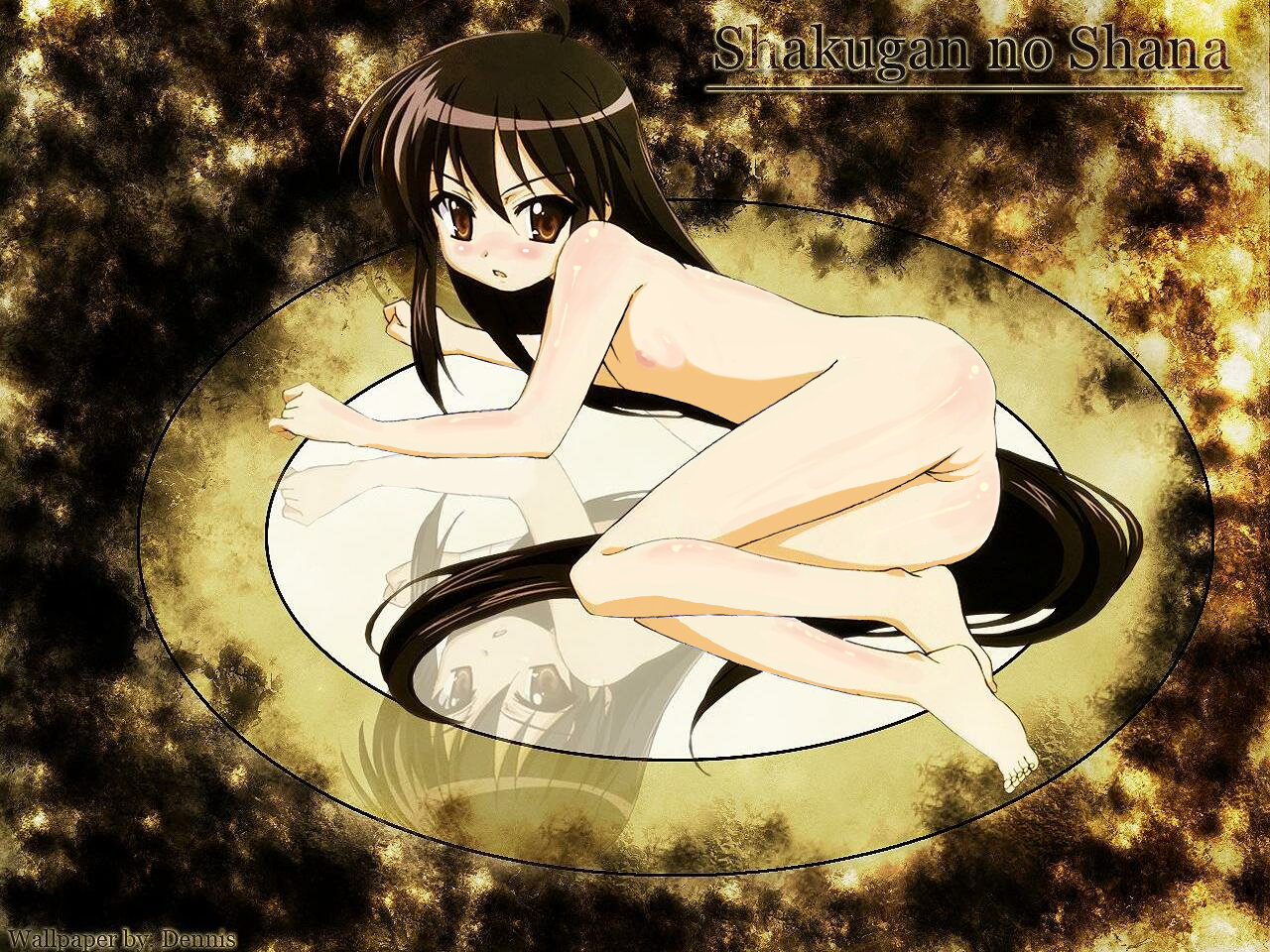 shana, shakugan no shana, artist request, jpeg artifacts, 00s, 1girl, ass, black hair, brown eyes, female focus, flat chest, full body, loli, long hair, lying, nude, pussy, solo, uncensored