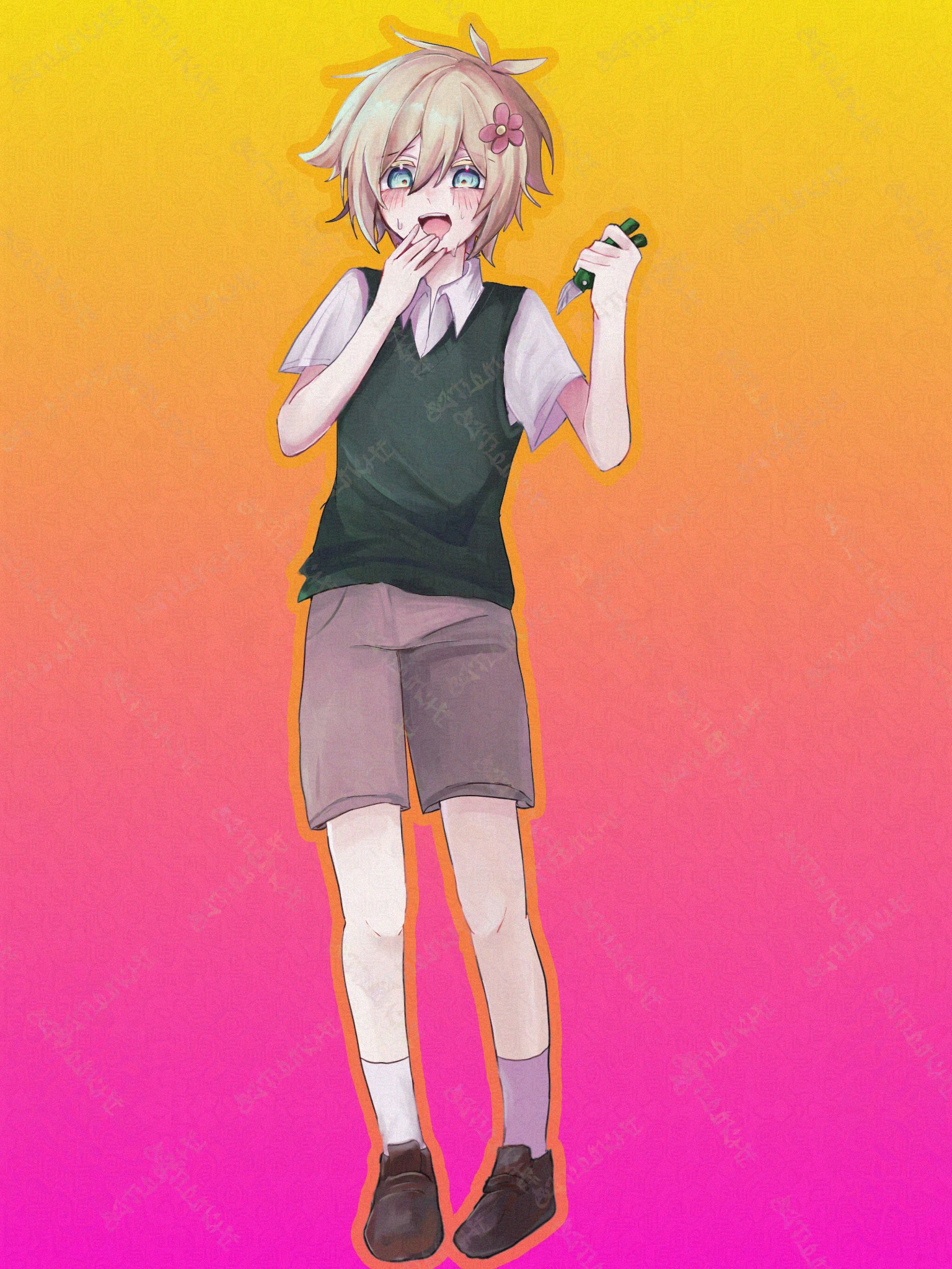 basil (faraway) (omori), basil (omori), omori, highres, 1boy, antenna hair, blonde hair, blue eyes, brown shoes, brown shorts, collared shirt, double-parted bangs, drooling, flower, full body, gardening shears, green sweater vest, hair between eyes, hair flower, hair ornament, loafers, looking at viewer, male focus, mouth drool, shirt, shoes, short hair, short sleeves, shorts, socks, solo, sweat, sweater vest, teeth, upper teeth only, white shirt, white socks, zutuunchi