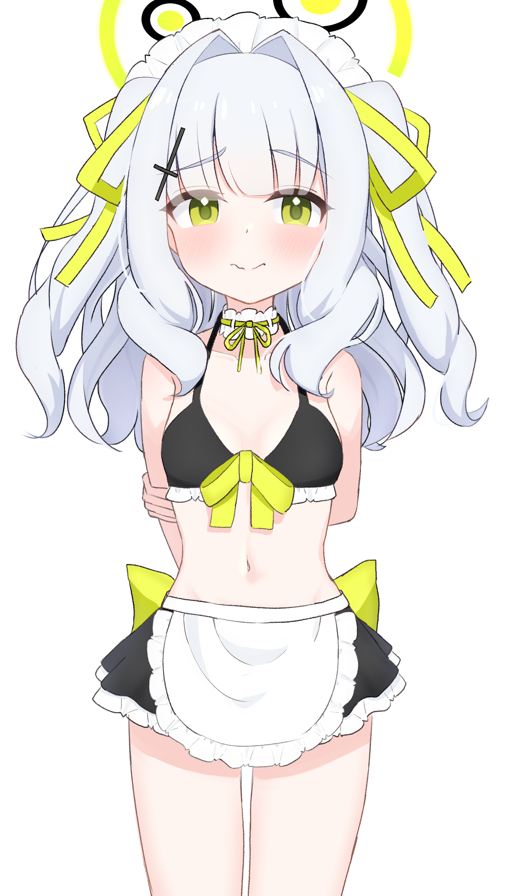 herananu117, hare (blue archive), blue archive, absurdres, highres, alternate costume, alternate hairstyle, apron, arms behind back, bikini, black bikini, blunt bangs, bow, breasts, closed mouth, collar, cowboy shot, cross hair ornament, frills, green bow, green eyes, green ribbon, hair intakes, hair ornament, hair over shoulder, hair ribbon, light blush, long hair, looking to the side, maid, maid apron, maid bikini, maid headdress, miniskirt, navel, ribbon, simple background, skirt, sleeveless, small breasts, smile, swimsuit, unconventional maid, white background, white collar, white hair