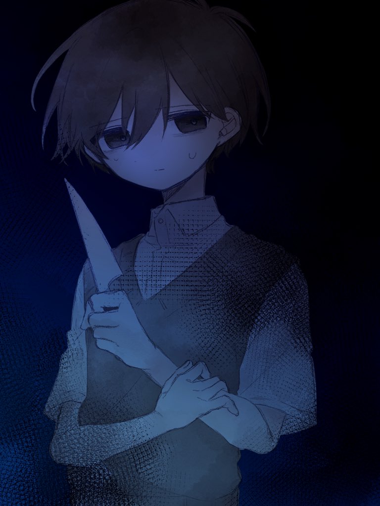 sunny (omori), omori, 1boy, antenna hair, black eyes, black hair, black sweater vest, closed mouth, collared shirt, double-parted bangs, hair between eyes, holding, holding knife, knife, looking at viewer, mimi utlove, shirt, short hair, short sleeves, solo, sweatdrop, sweater vest, upper body, white shirt