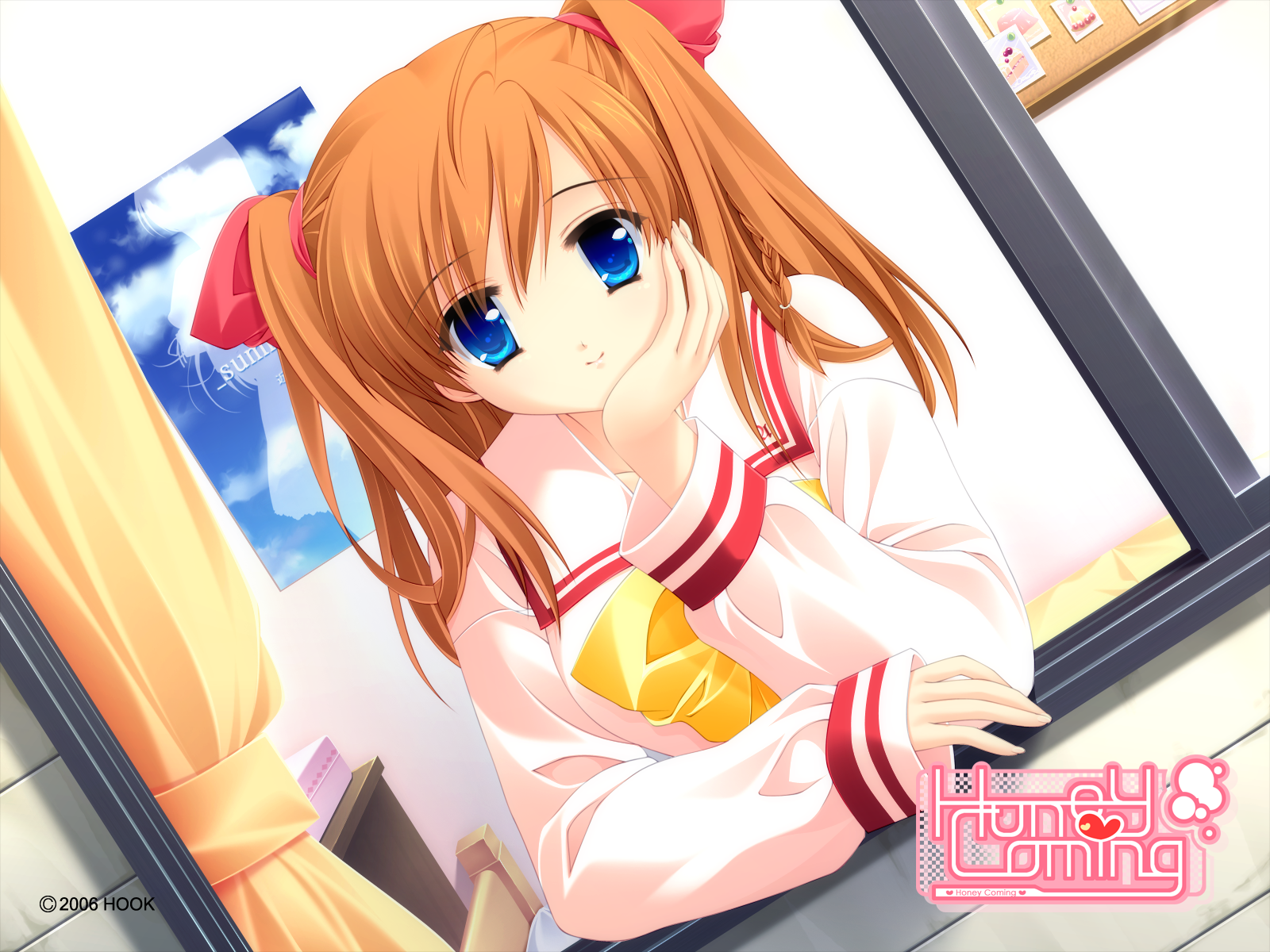 matsushita makako, rakko (makarakko), kamijou asahi, honeycoming royalsweet, highres, 1girl, blue eyes, brown hair, female focus, head rest, orange hair, ribbon, school uniform, serafuku, smile, solo