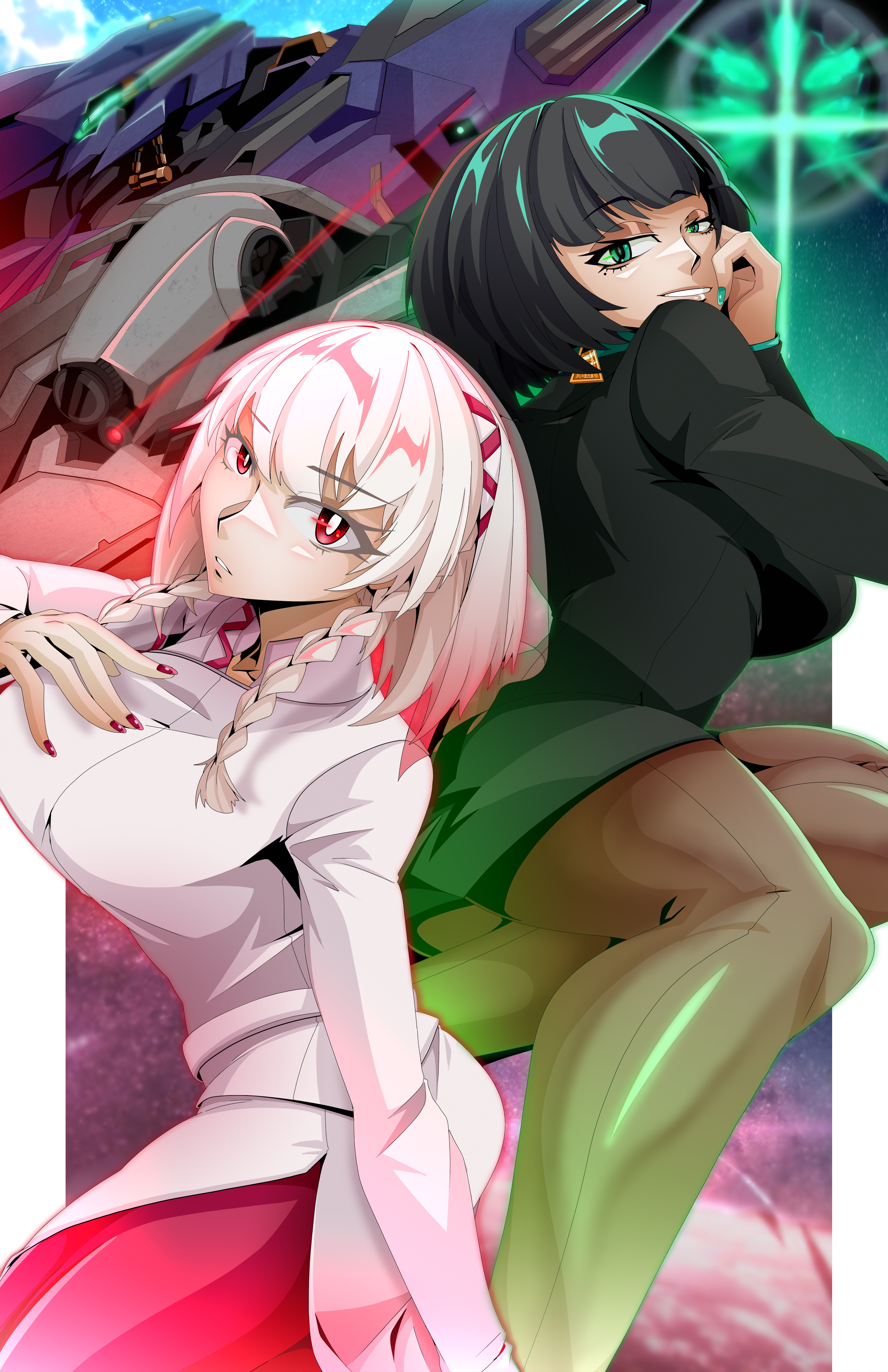andoryuanzuru, 621 (armored core vi), allmind (armored core vi), ayre (armored core vi), v.iv rusty, armored core, armored core vi: fires of rubicon, fromsoftware, absurdres, highres, 2girls, black suit, breasts, business suit, earrings, formal clothes, jewelry, mecha, mecha focus, multiple girls, office lady, pantyhose, personification, robot, science fiction, skirt, skirt suit, suit, triangle earrings, white hair