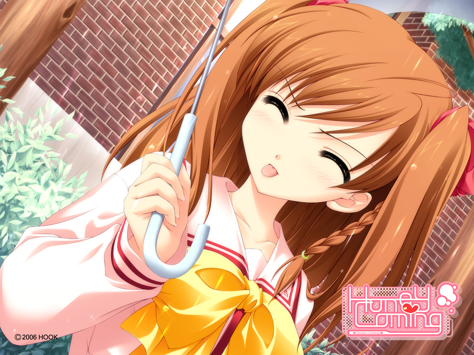 matsushita makako, rakko (makarakko), kamijou asahi, honeycoming royalsweet, highres, 1girl, brown hair, closed eyes, female focus, orange hair, ribbon, school uniform, serafuku, solo, tongue, tongue out, umbrella