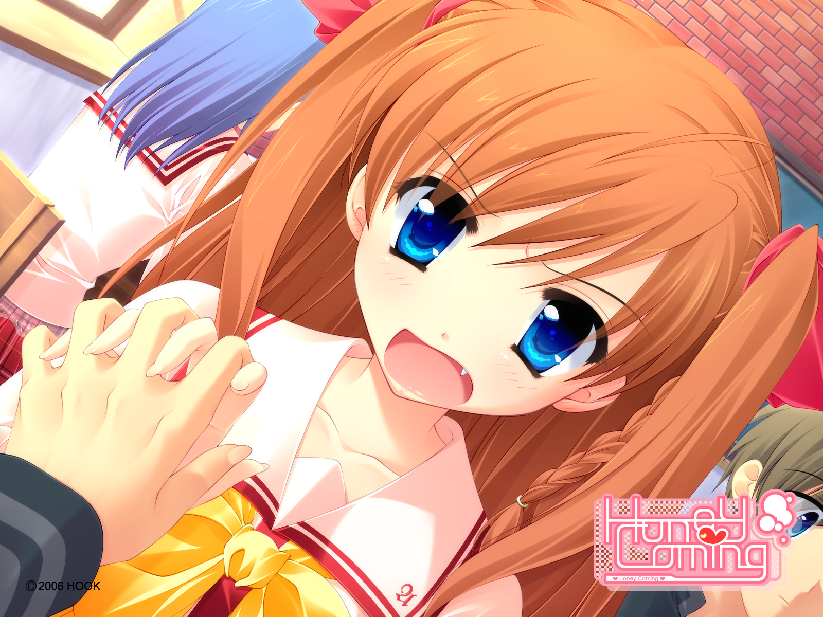 matsushita makako, rakko (makarakko), kamijou asahi, honeycoming royalsweet, highres, 1girl, blue eyes, brown hair, fang, holding hands, orange hair, ribbon, school uniform, serafuku