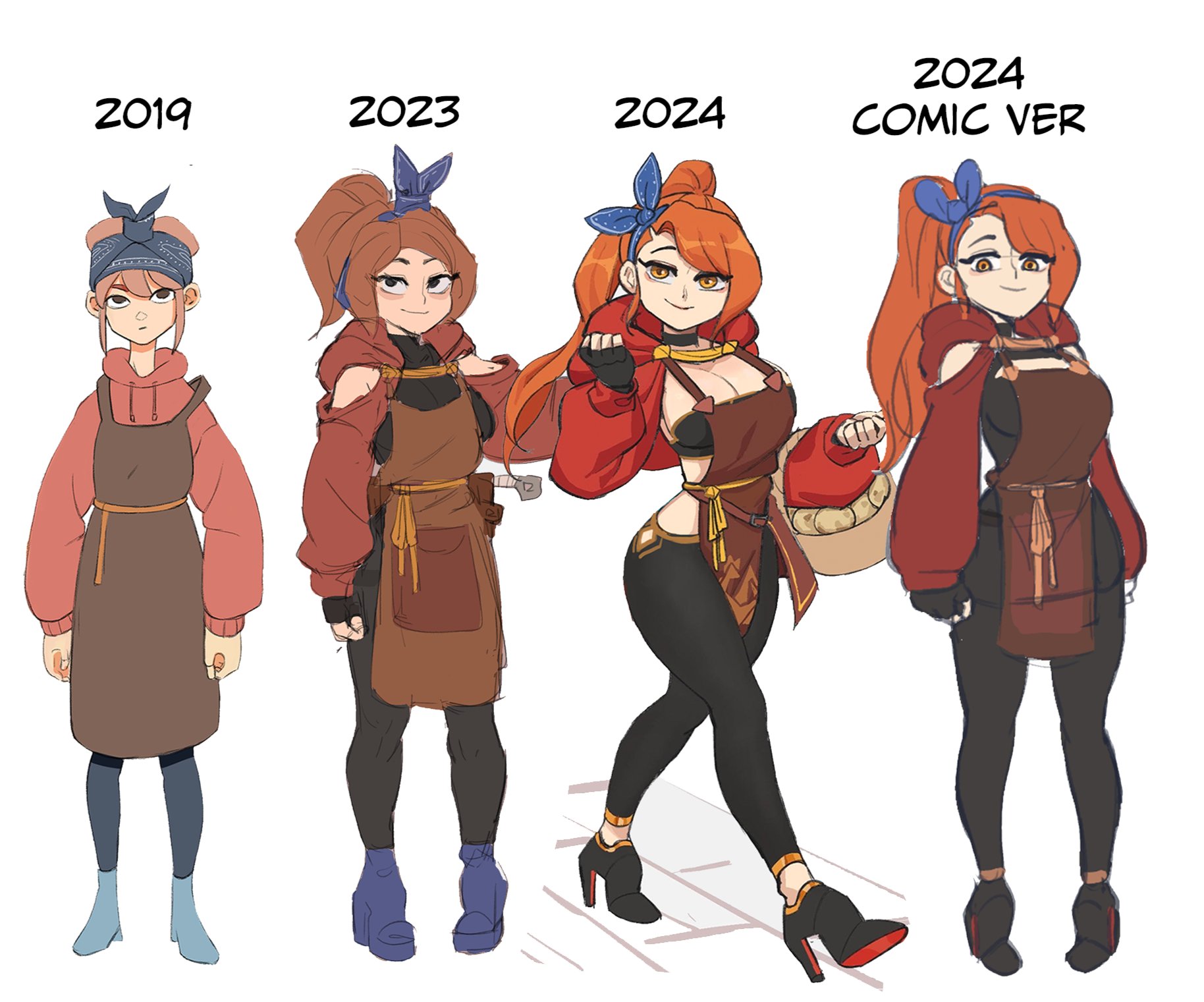 hyyun ho, june (hyyun ho), original, commentary, english commentary, highres, 1girl, apron, black gloves, black pants, black shoes, blue ribbon, blue shoes, breasts, brown apron, cleavage, closed mouth, fingerless gloves, full body, gloves, hair ribbon, high heels, hood, hooded shirt, hoodie, large breasts, long hair, long sleeves, looking at viewer, orange eyes, orange hair, pants, ponytail, red hoodie, red shrug, ribbon, shoes, simple background, single fingerless glove, smile, standing, tight clothes, tight pants, walking, white background