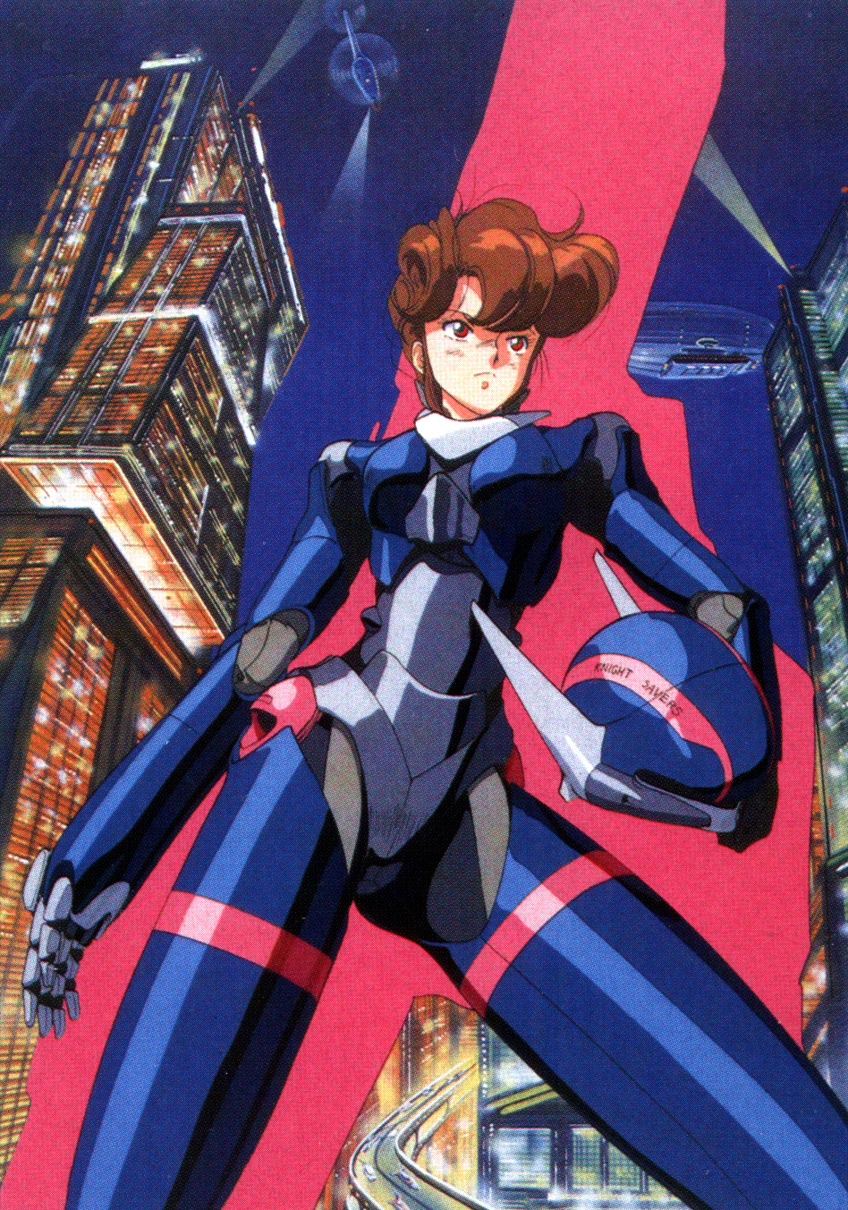 priscilla asagiri, bubblegum crisis, 1980s (style), highres, scan, scan artifacts, 1girl, aircraft, brown hair, english text, engrish text, female focus, hardsuit, helicopter, helmet, oldschool, ranguage, red eyes, retro artstyle, short hair, solo