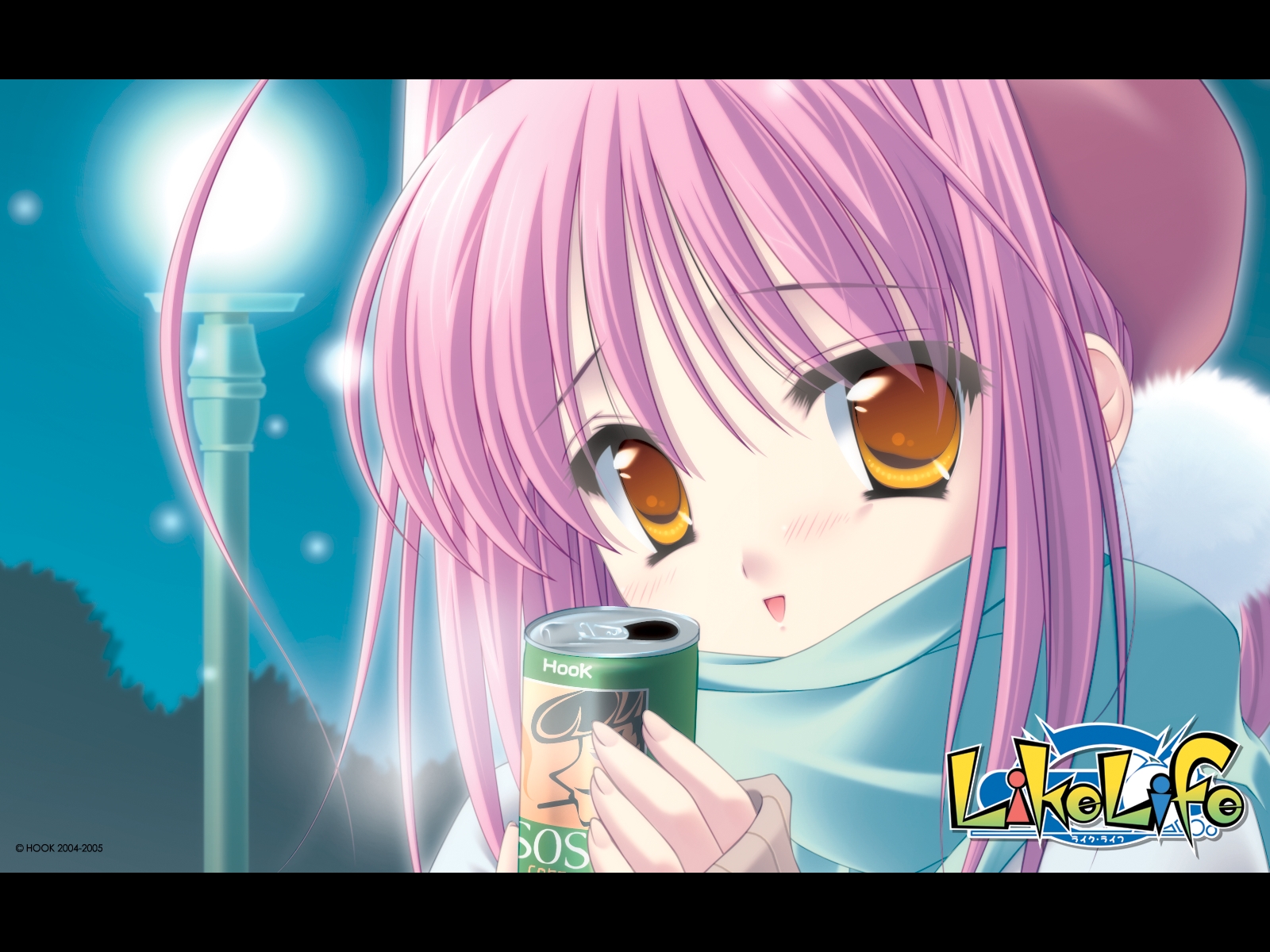 matsushita makako, rakko (makarakko), sawaki tsubaki, like life, highres, 1girl, beret, blush, can, female focus, hat, night, outdoors, pink hair, sky, solo, yellow eyes