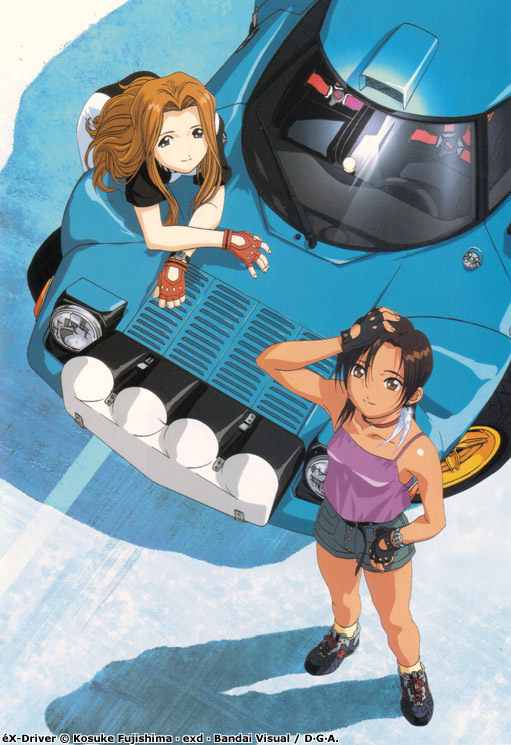 endou lorna, sakakino lisa, ex-driver, lancia (brand), official art, 00s, 2girls, bent over, brown hair, camisole, car, dark-skinned female, dark skin, denim, denim shorts, earrings, fingerless gloves, from above, gloves, jewelry, lancia stratos, looking up, motor vehicle, multiple girls, shorts, tan
