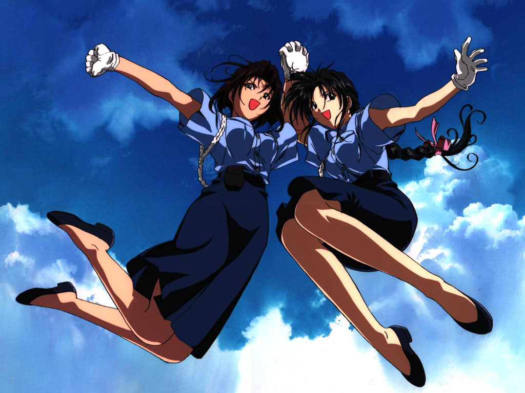 kobayakawa miyuki, tsujimoto natsumi, taiho shichauzo, 2girls, black hair, brown hair, day, gloves, japan national police, jumping, multiple girls, police, police uniform, policewoman, ribbon, sky, white gloves