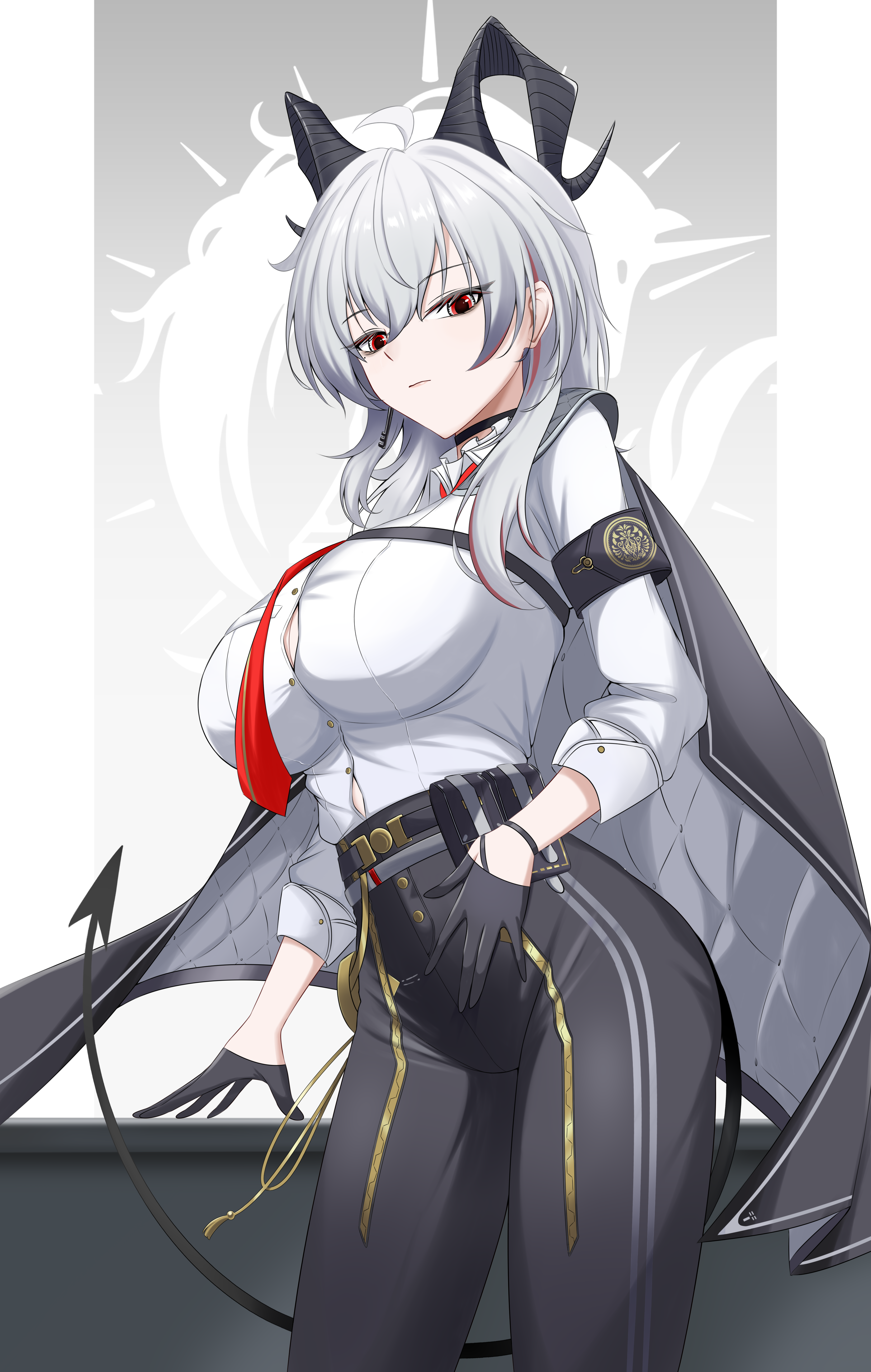 f.trigger, zani (wuthering waves), wuthering waves, absurdres, chinese commentary, commentary request, highres, partial commentary, revision, 1girl, armband, black armband, black gloves, black horns, black jacket, black pants, breasts, button gap, closed mouth, cowboy shot, curled horns, demon tail, earrings, gloves, grey background, half gloves, hand on table, high-waist pants, horns, jacket, jacket on shoulders, jewelry, key earrings, large breasts, long hair, looking at viewer, multicolored hair, necktie, pants, red eyes, red necktie, sleeves rolled up, solo, streaked hair, tail, tight clothes, tight pants, white hair