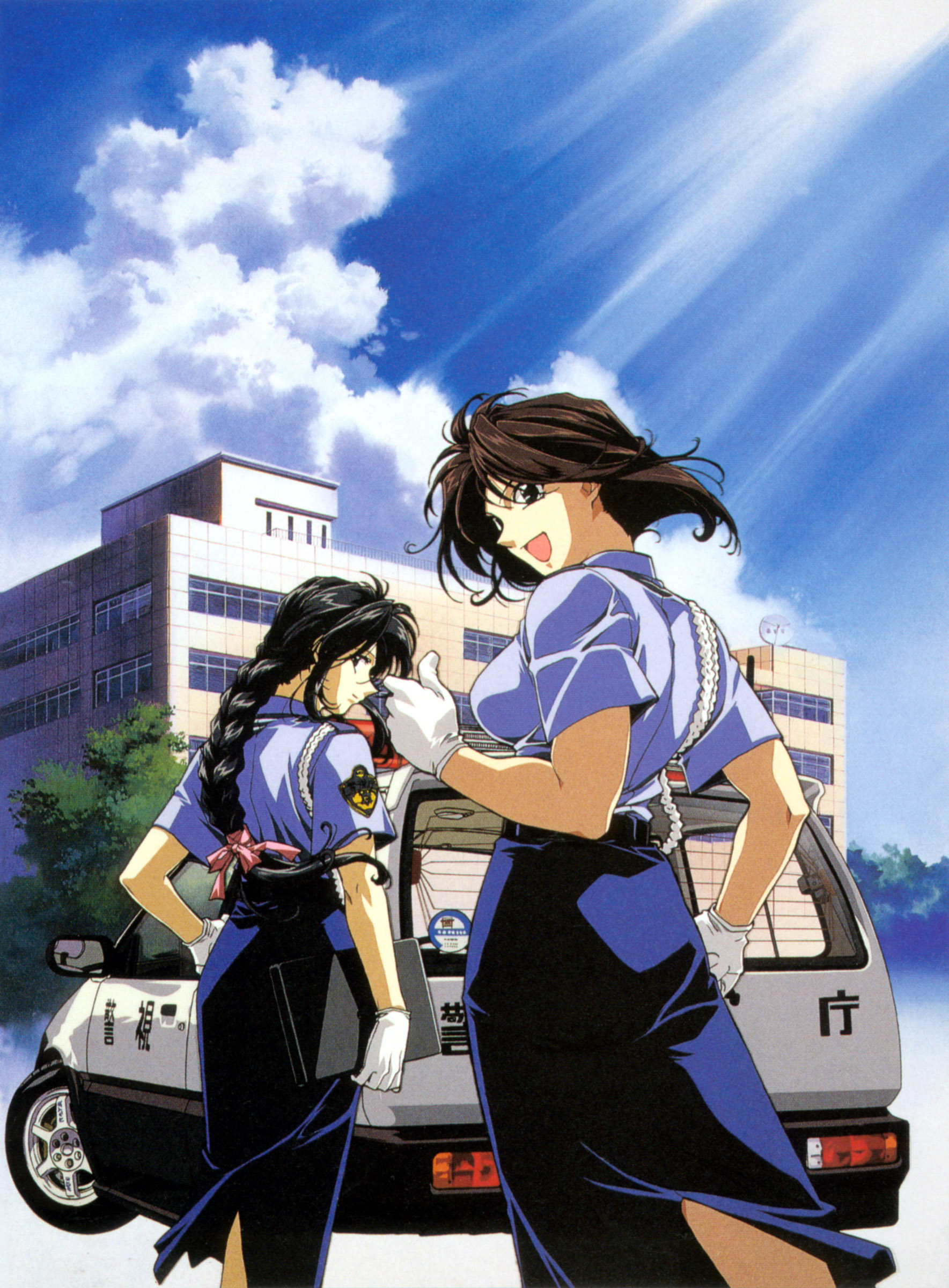 nakajima atsuko, kobayakawa miyuki, tsujimoto natsumi, honda, taiho shichauzo, absurdres, highres, official art, scan, 2girls, :d, aiguillette, belt, black eyes, black hair, blue skirt, braid, breasts, brown hair, building, car, cloud, day, from behind, gloves, hair ribbon, hand on own hip, holding, japan national police, large breasts, light rays, light smile, long hair, long skirt, looking at viewer, looking back, motor vehicle, multiple girls, open mouth, outdoors, pencil skirt, police, police uniform, policewoman, profile, ribbon, shirt, short hair, short sleeves, sidelocks, single braid, skirt, sky, smile, standing, sunbeam, sunlight, thumbs up, toned, tree, very long hair, white gloves