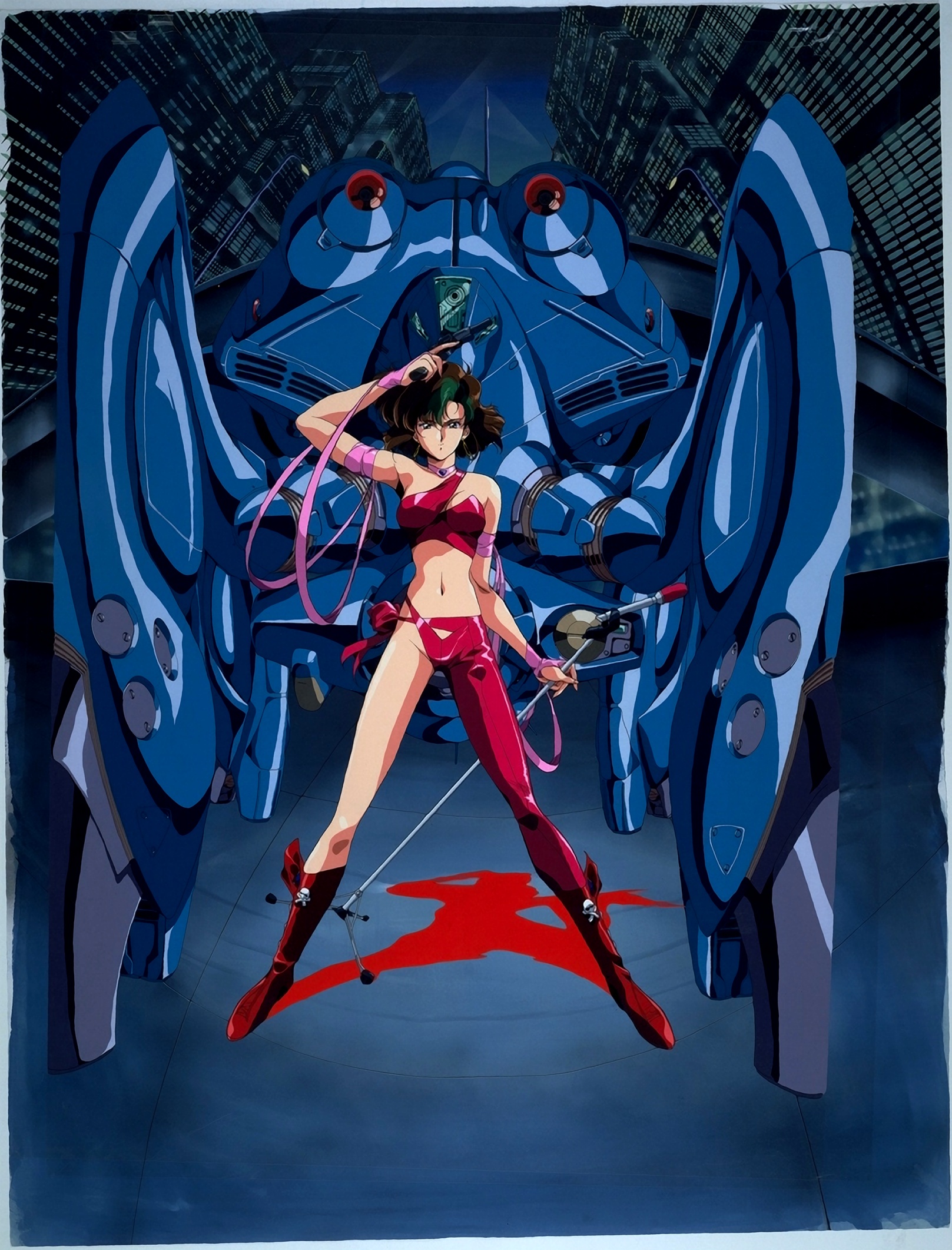 urushihara satoshi, reika chang, vision, bubblegum crisis, highres, 1girl, asymmetrical clothes, female focus, mecha, microphone, microphone stand, retro artstyle, ribbon, robot, single pantsleg, skull and crossbones, solo